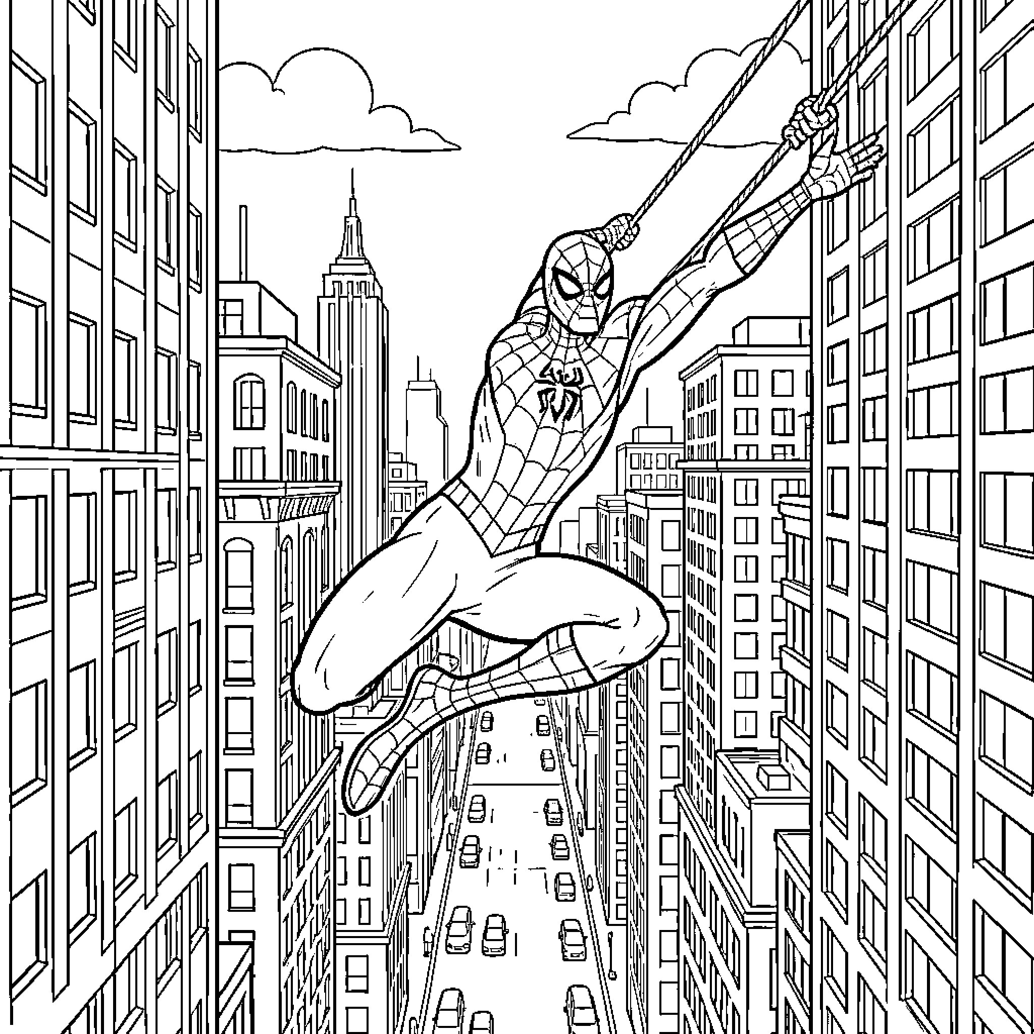 Spiderman swinging through the city skyscrapers Coloring Page (free black-and-white line drawing printable PDF for all, from beginners to advanced learners, including children, teens, adults, and seniors)
