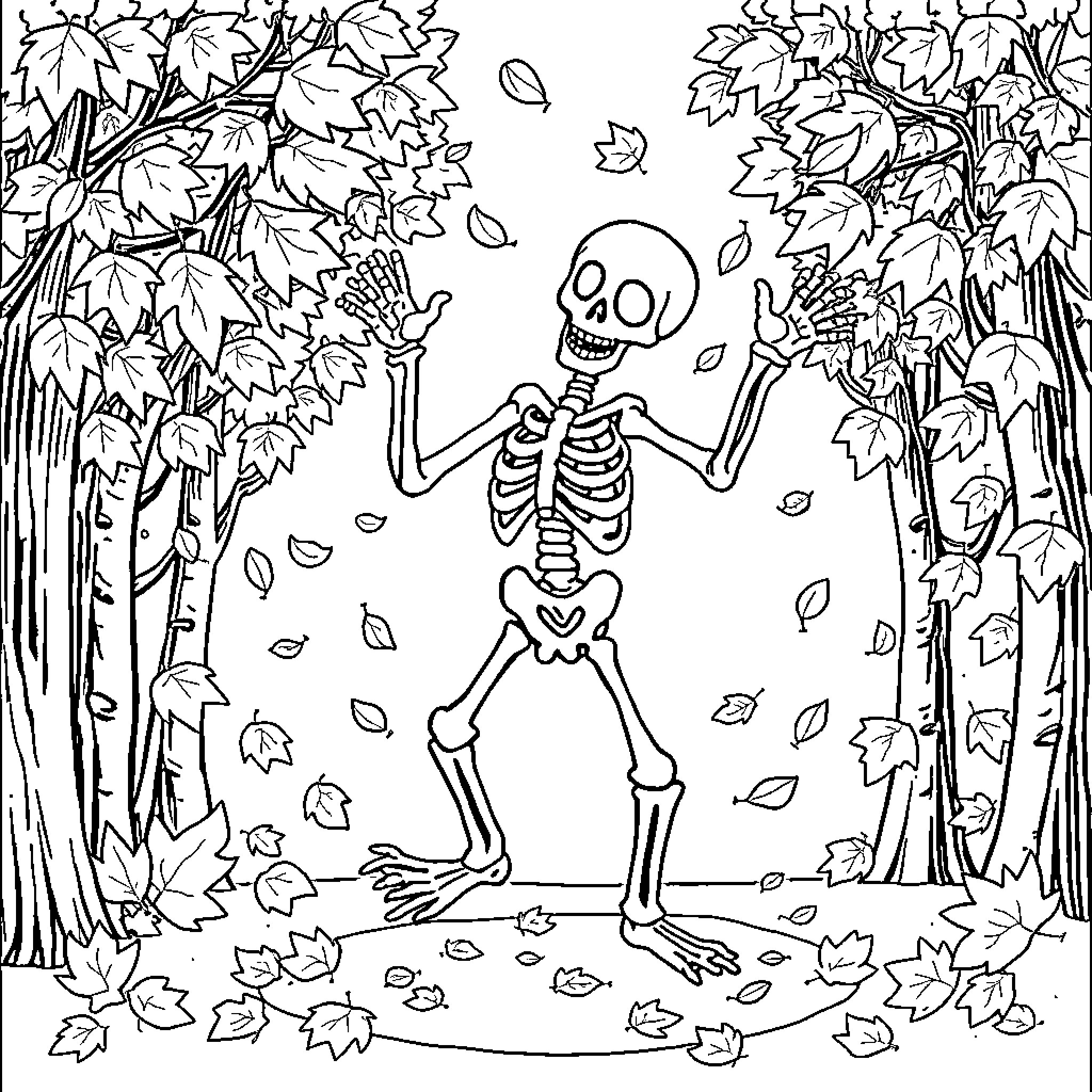 Skeleton dancing among fallen leaves in the forest Coloring Page (free black-and-white line drawing printable PDF for all, from beginners to advanced learners, including children, teens, adults, and seniors)