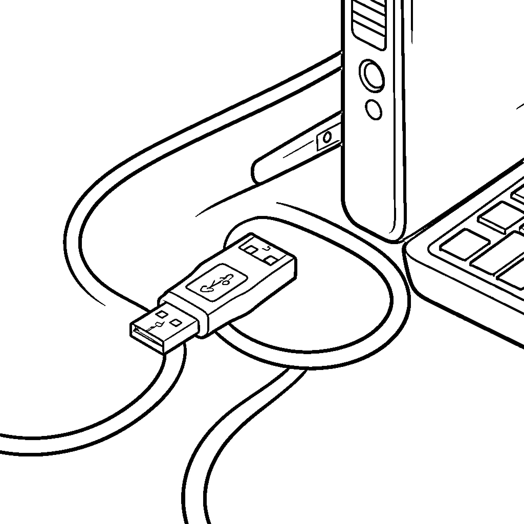 USB Plug connecting to a computer device Coloring Page (free black-and-white line drawing printable PDF for all, from beginners to advanced learners, including children, teens, adults, and seniors)
