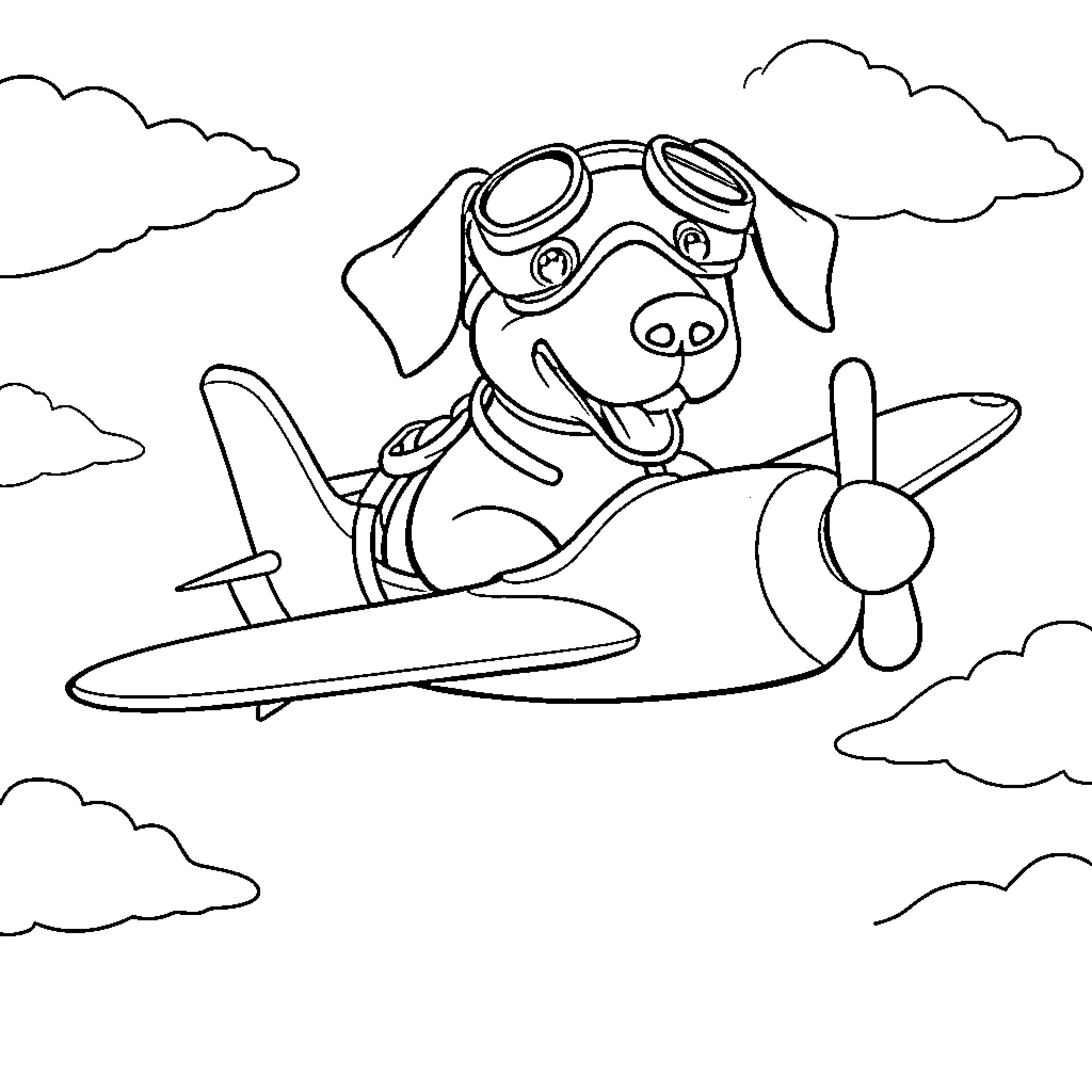 Weiner Dog Pilot Flying Plane in Clouds Coloring Page (free black-and-white line drawing printable PDF for all, from beginners to advanced learners, including children, teens, adults, and seniors)