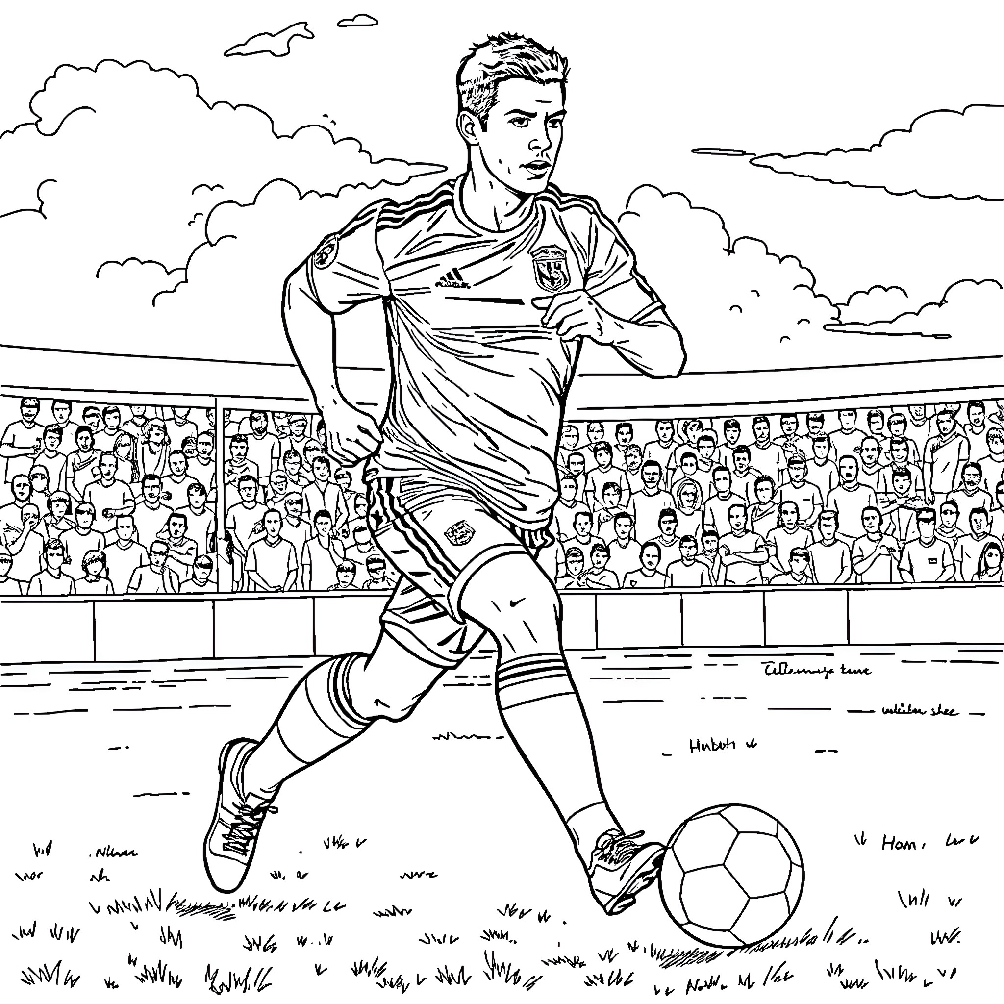 Ronaldo in action on the soccer field Coloring Page (free black-and-white line drawing printable PDF for all, from beginners to advanced learners, including children, teens, adults, and seniors)