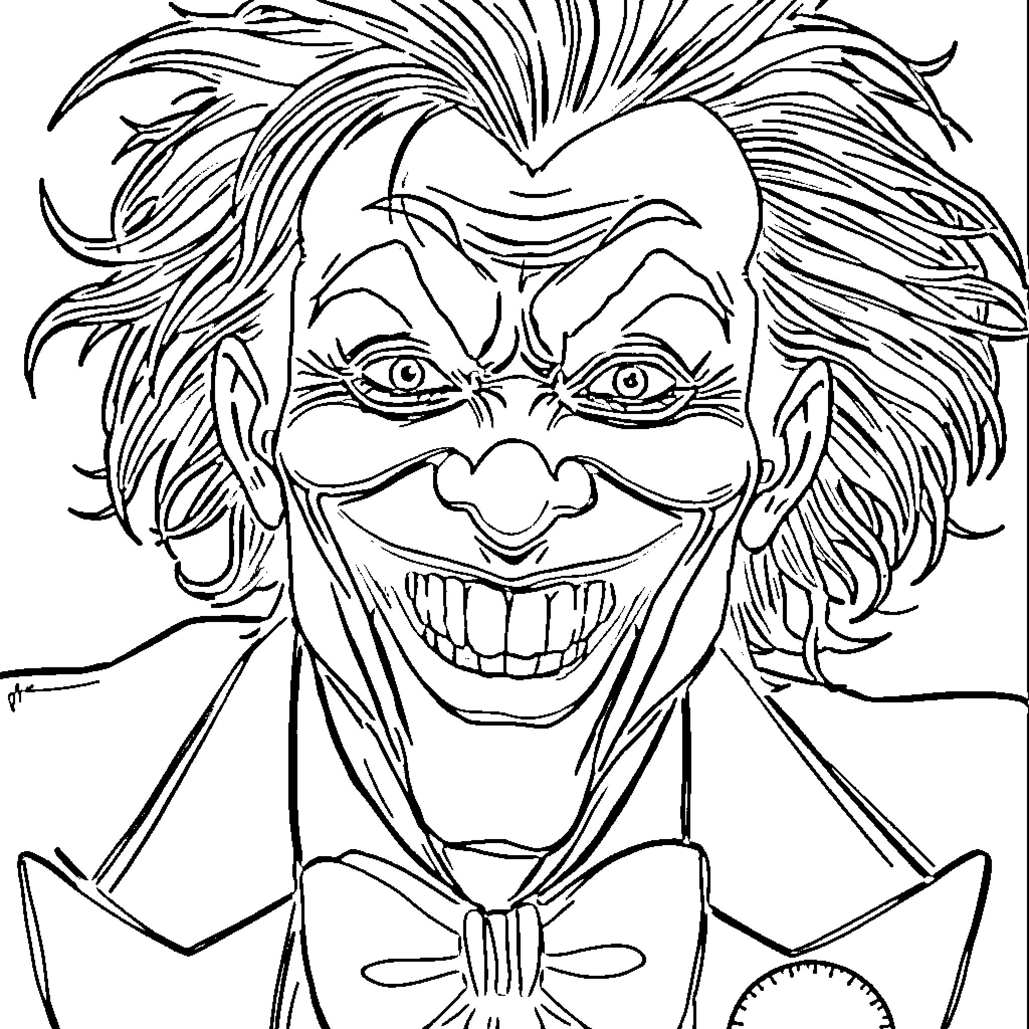 Joker with Mischievous Smile and Exaggerated Appearance Coloring Page (free black-and-white line drawing printable PDF for all, from beginners to advanced learners, including children, teens, adults, and seniors)