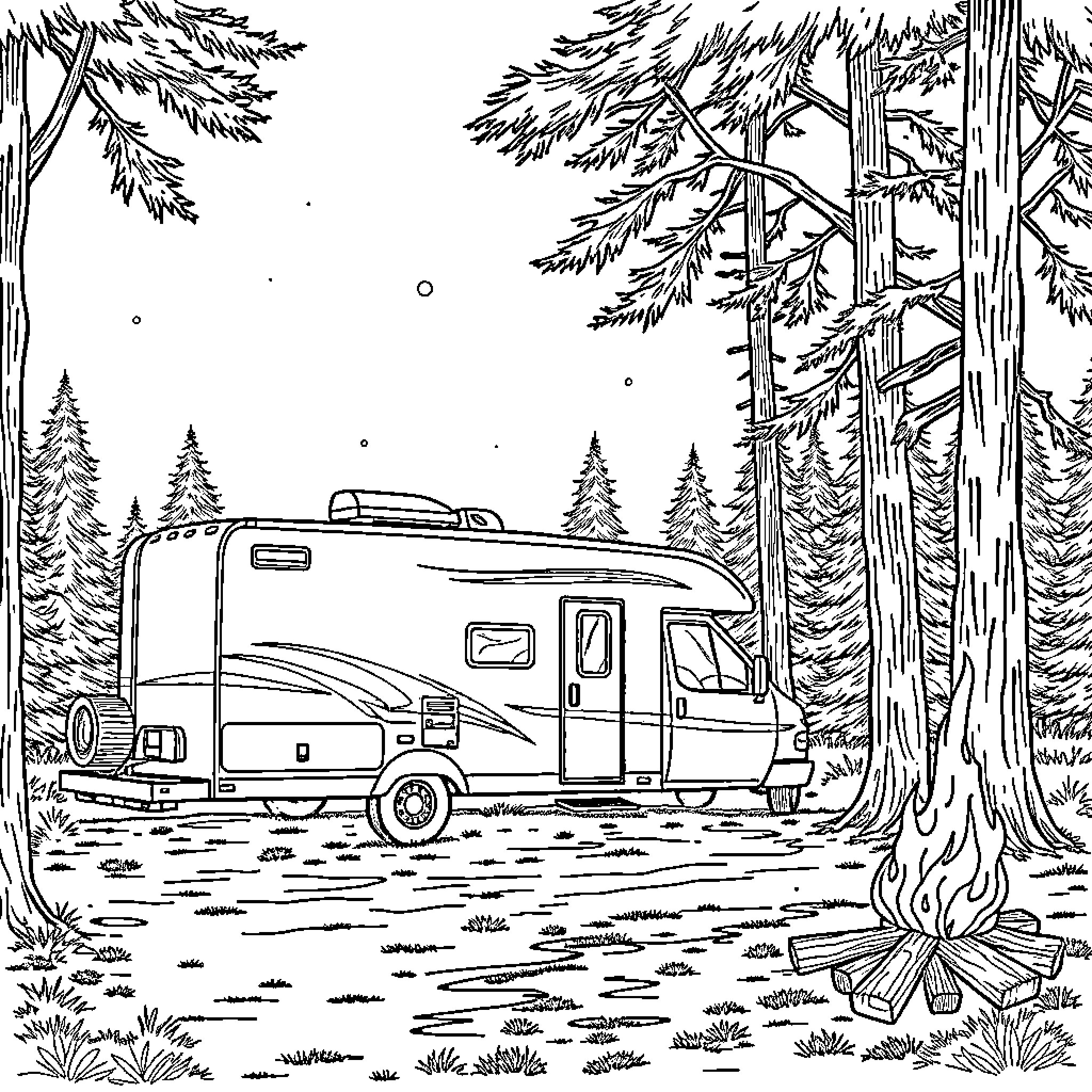 RV Camping in Tranquil Forest Getaway Coloring Page (free black-and-white line drawing printable PDF for all, from beginners to advanced learners, including children, teens, adults, and seniors)