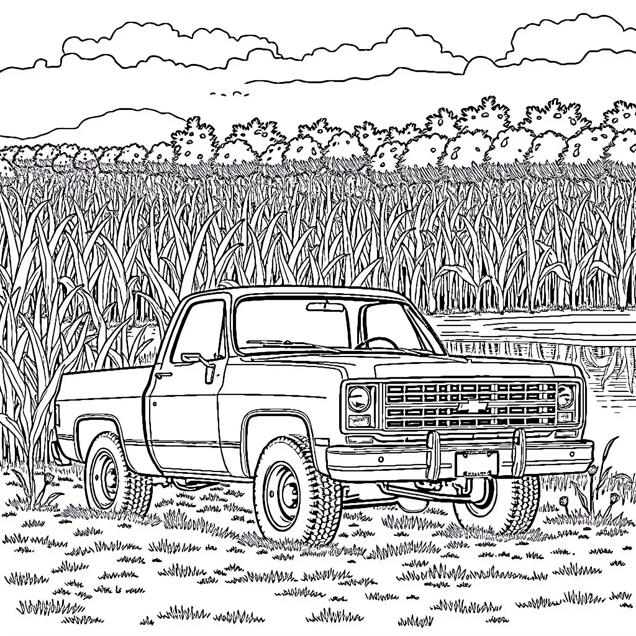 Chevy truck traversing rugged rural landscape Coloring Page (free black-and-white line drawing printable PDF for all, from beginners to advanced learners, including children, teens, adults, and seniors)