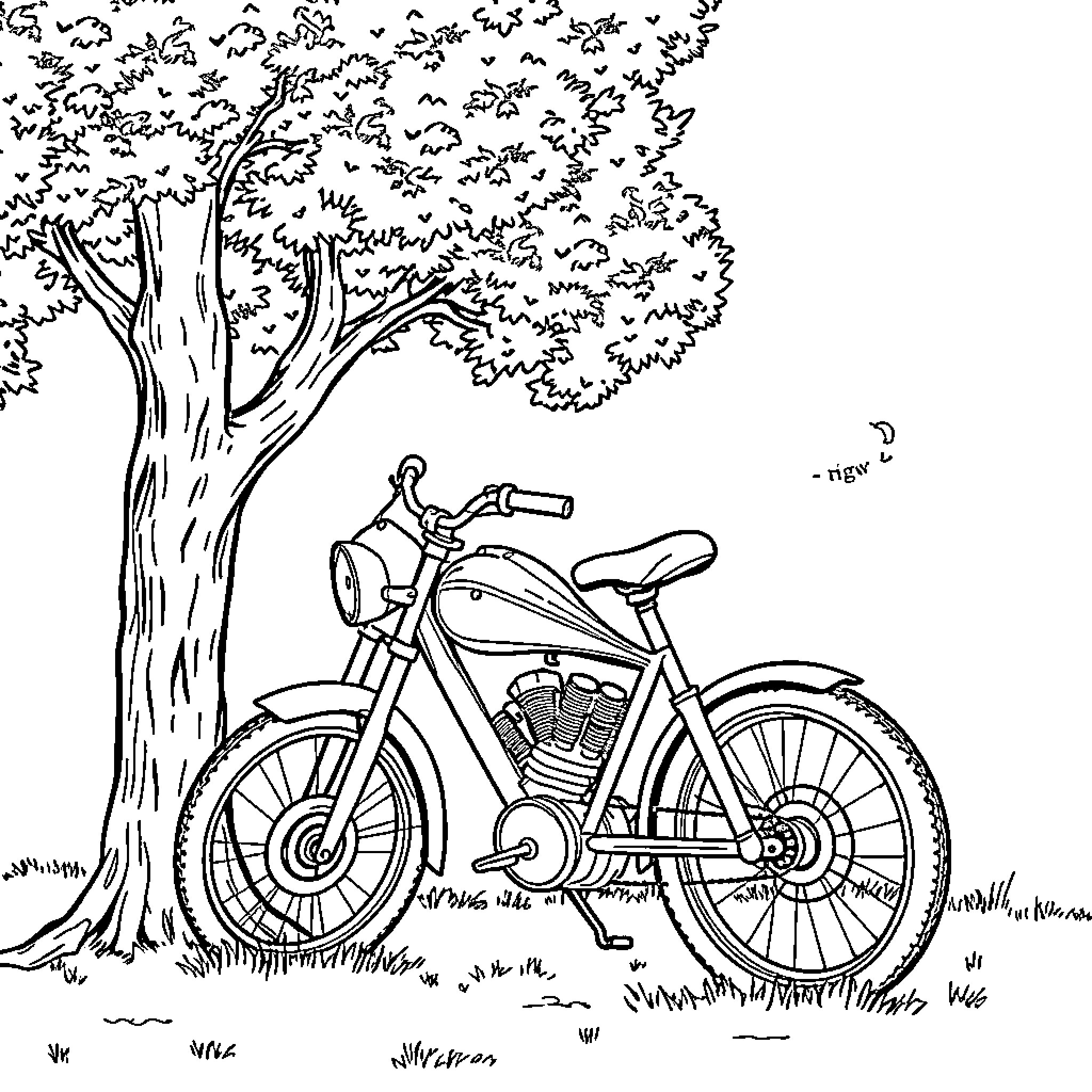 Bike parked under a tree Coloring Page (free black-and-white line drawing printable PDF for all, from beginners to advanced learners, including children, teens, adults, and seniors)