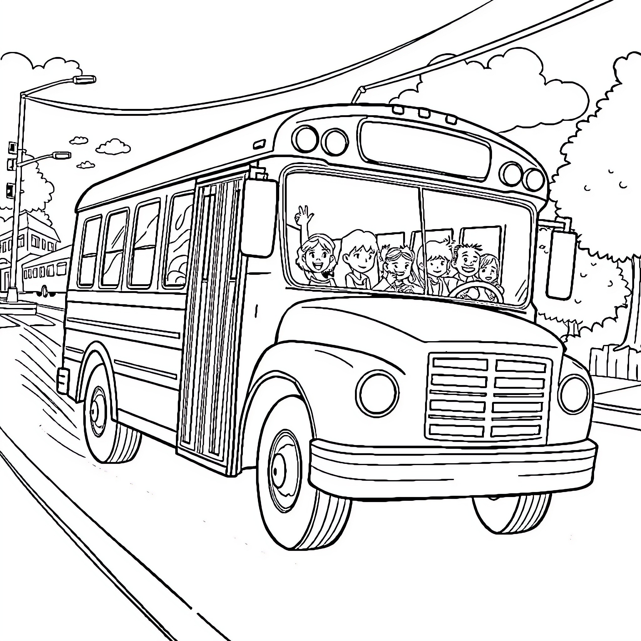 Bus full of happy passengers on the road Coloring Page (free black-and-white line drawing printable PDF for all, from beginners to advanced learners, including children, teens, adults, and seniors)