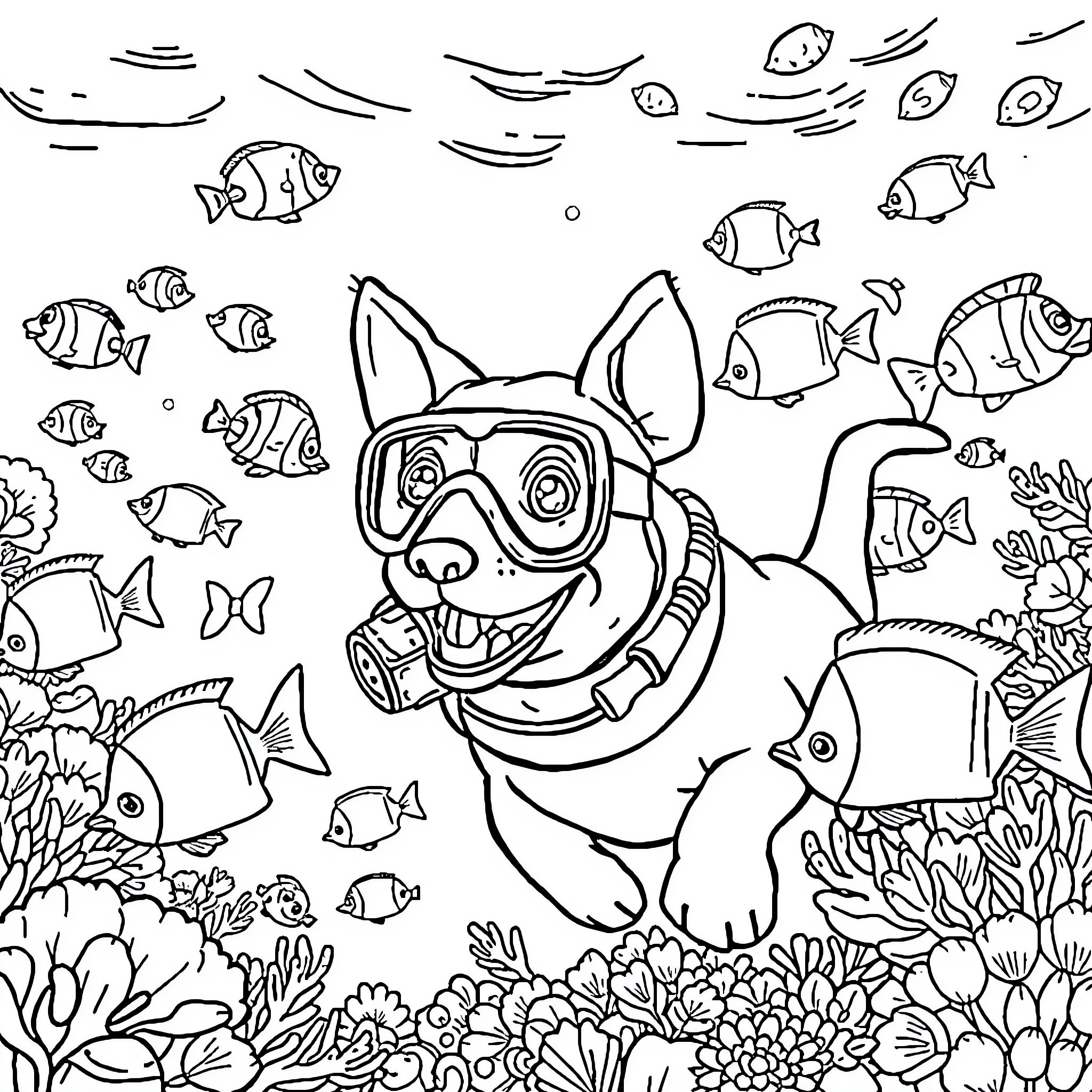 Dog Scuba Diving with Tropical Fish Coloring Page (free black-and-white line drawing printable PDF for all, from beginners to advanced learners, including children, teens, adults, and seniors)