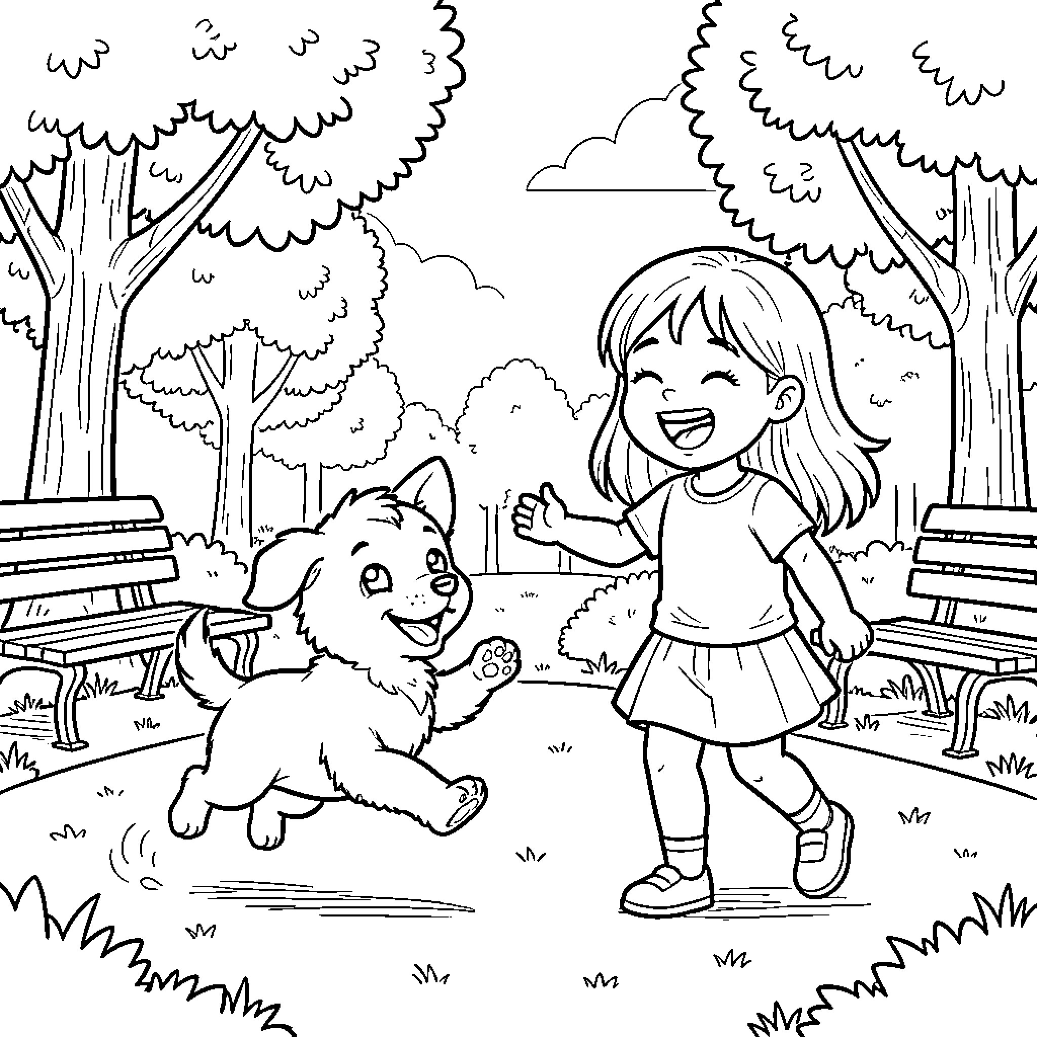 Puppy and girl playing happily in the park Coloring Page (free black-and-white line drawing printable PDF for all, from beginners to advanced learners, including children, teens, adults, and seniors)