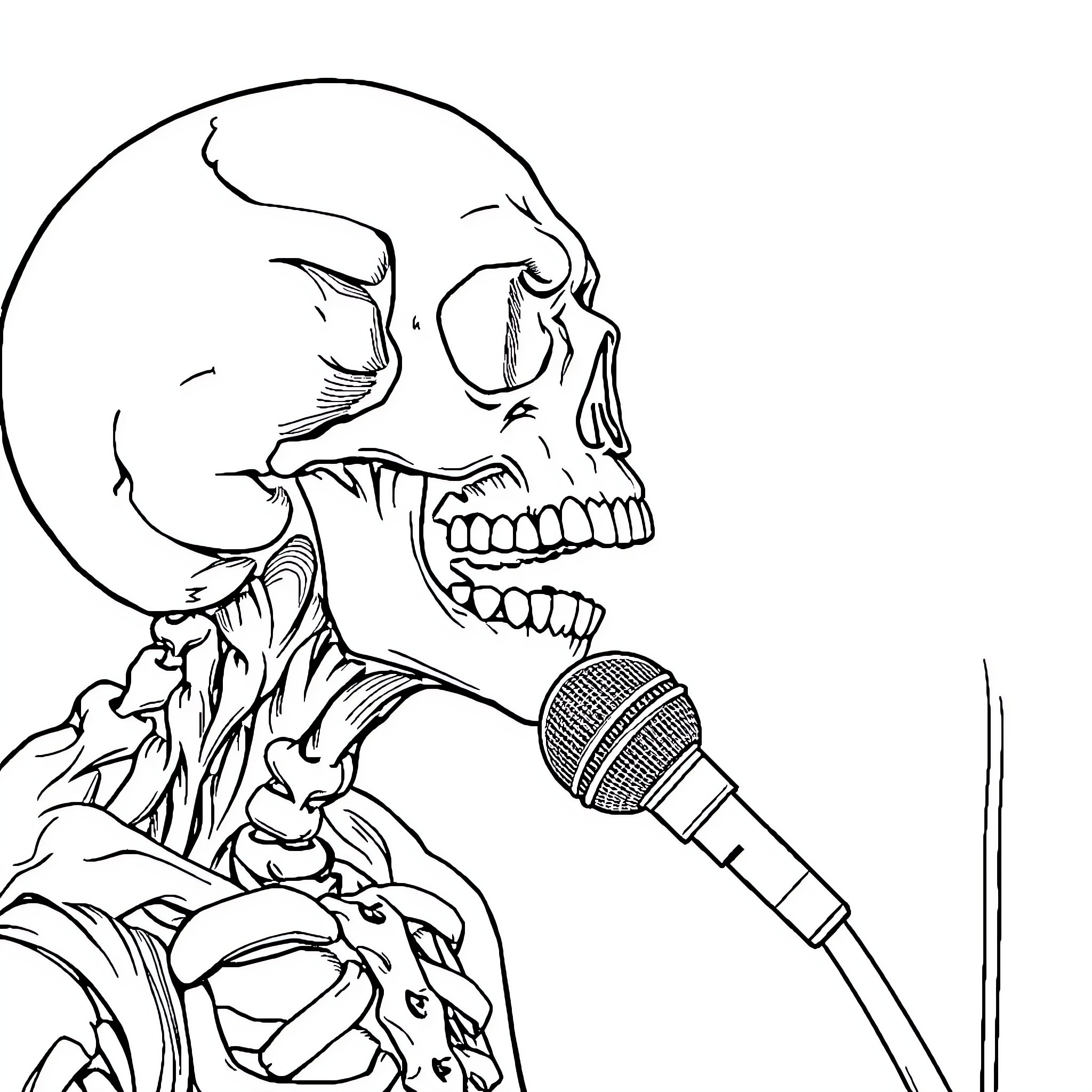 Skull Singing into Microphone Coloring Page (free black-and-white line drawing printable PDF for all, from beginners to advanced learners, including children, teens, adults, and seniors)