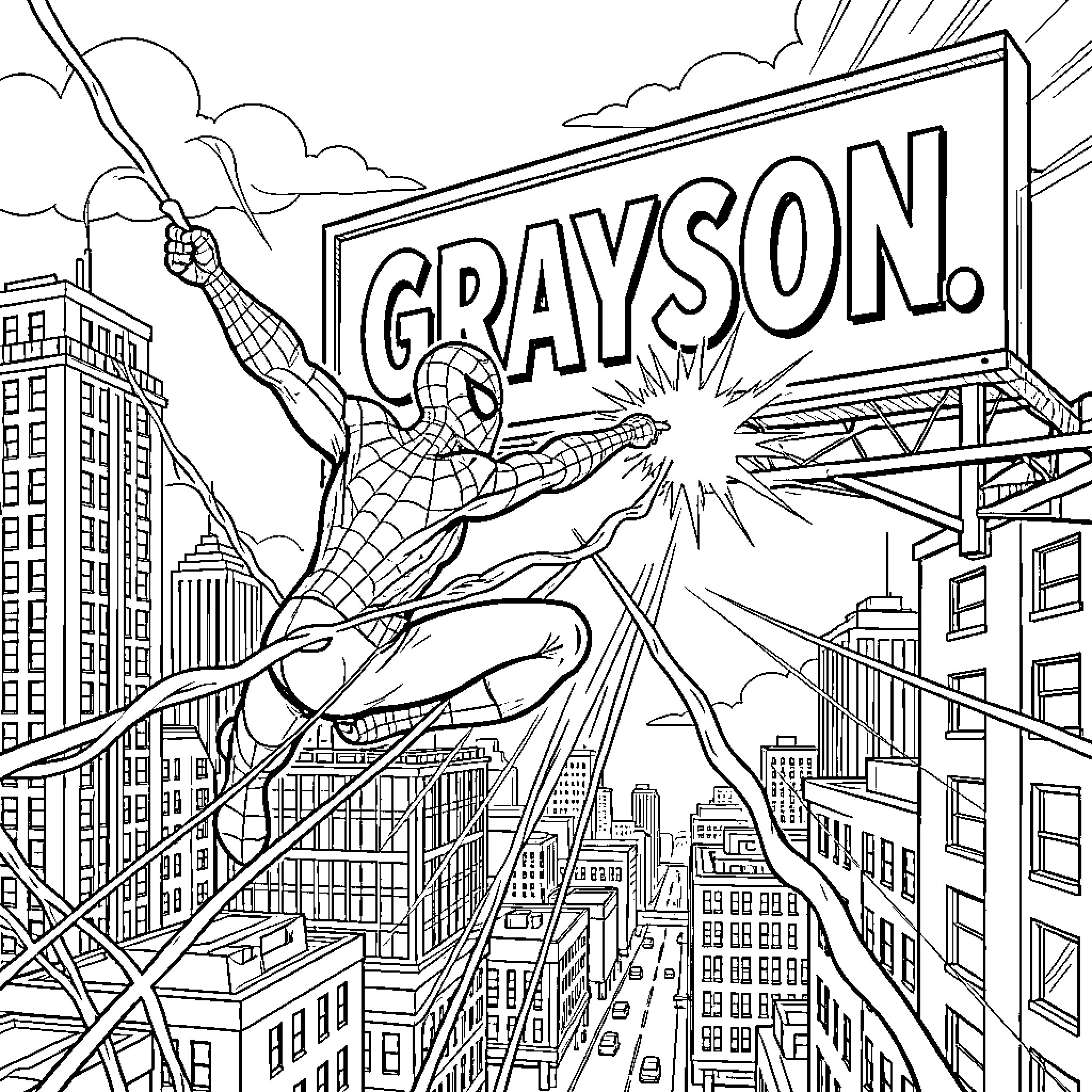 Spider-Man swinging through the city with Grayson billboard Coloring Page (free black-and-white line drawing printable PDF for all, from beginners to advanced learners, including children, teens, adults, and seniors)