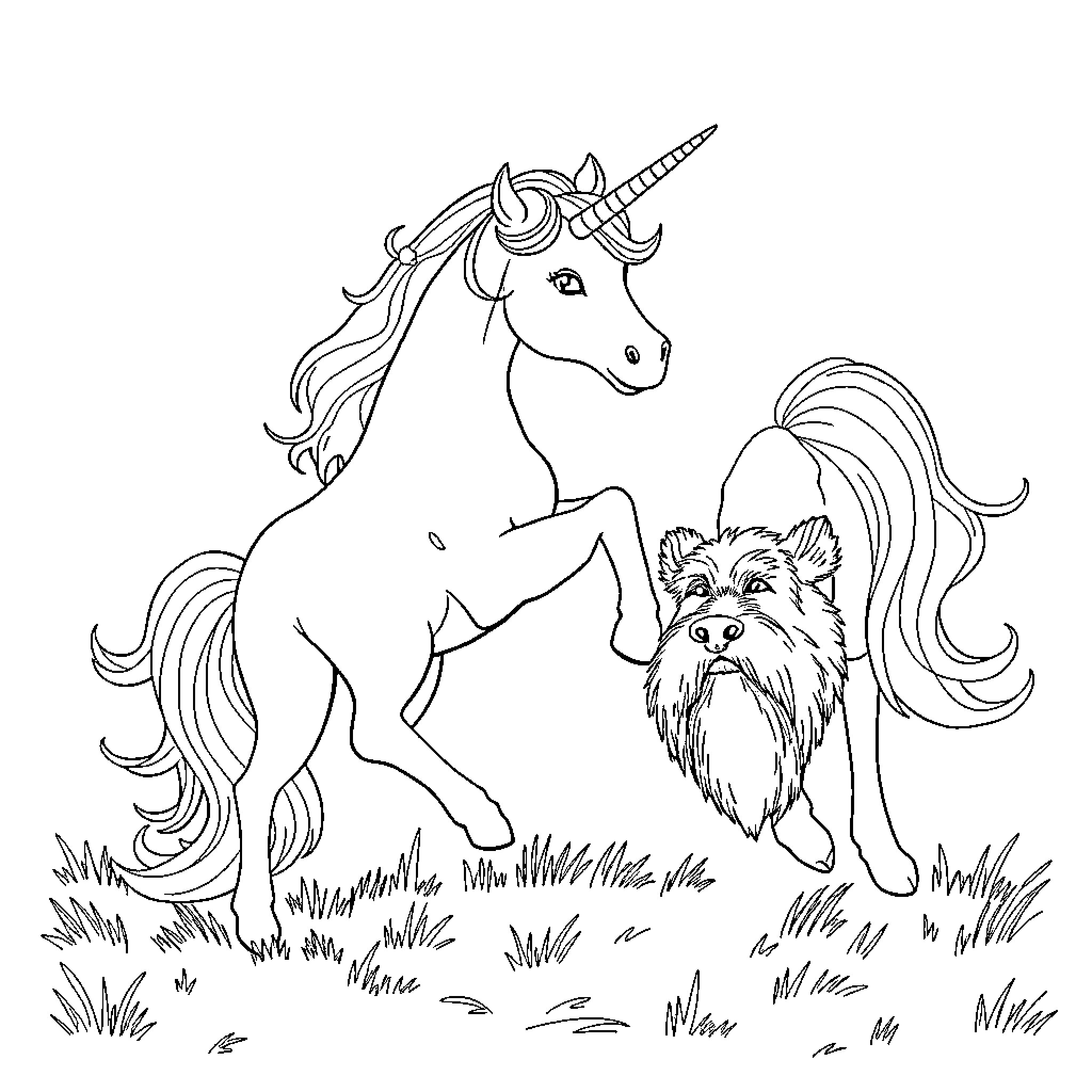 Unicorn and Furry Companion Explore the Meadow Coloring Page (free black-and-white line drawing printable PDF for all, from beginners to advanced learners, including children, teens, adults, and seniors)