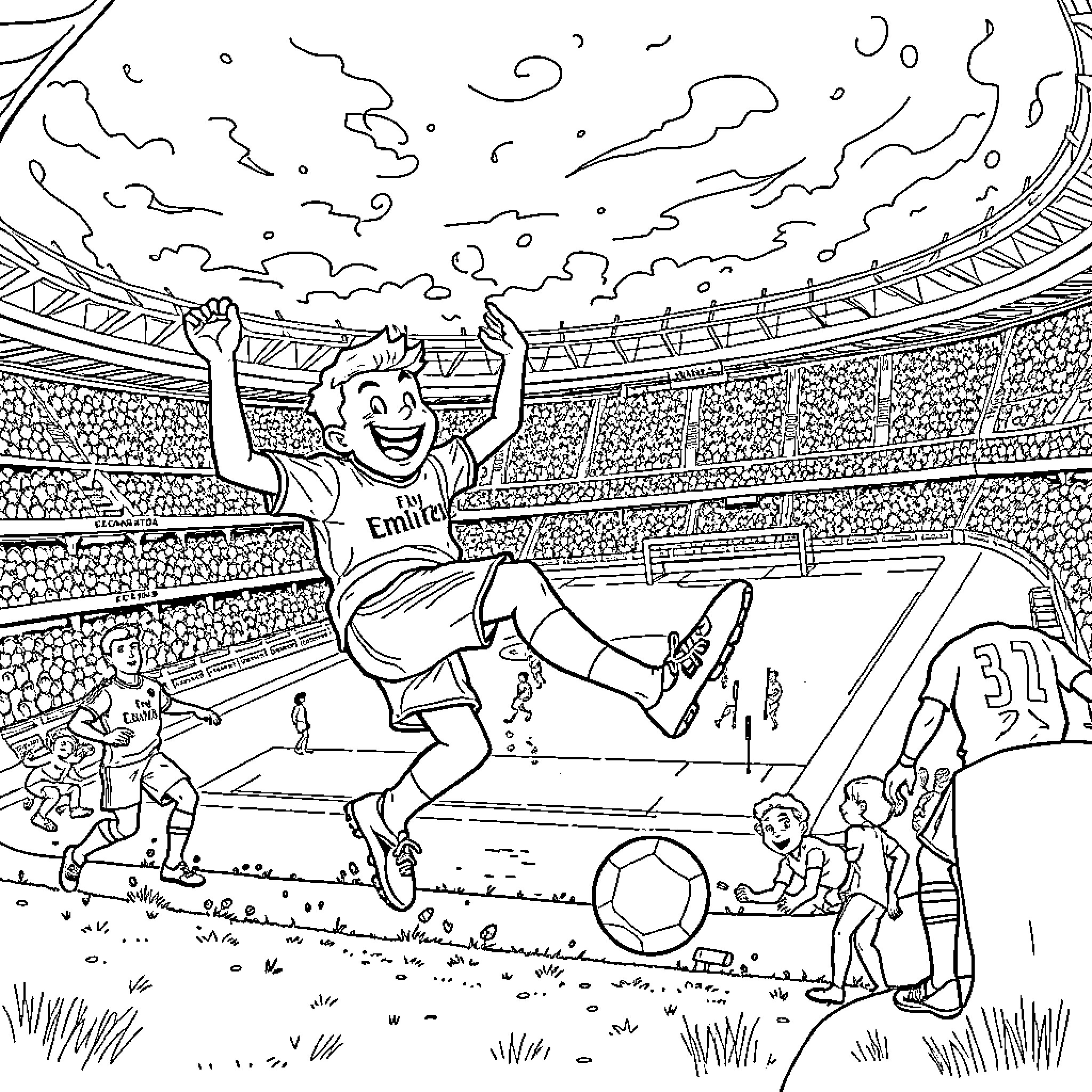 Bob esponja celebrating victory in a football match Coloring Page (free black-and-white line drawing printable PDF for all, from beginners to advanced learners, including children, teens, adults, and seniors)