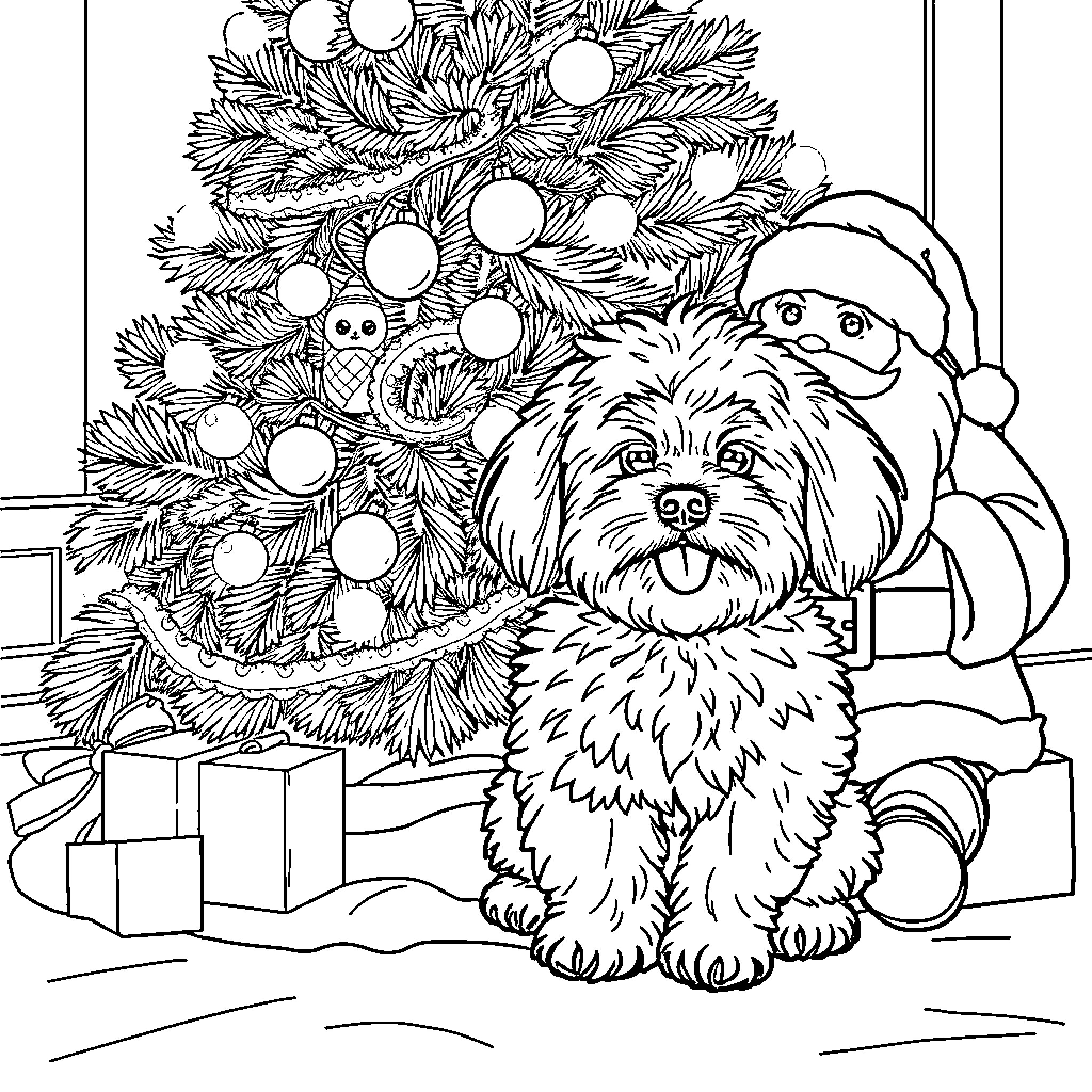 Cavapoo enjoying the Christmas holiday Coloring Page (free black-and-white line drawing printable PDF for all, from beginners to advanced learners, including children, teens, adults, and seniors)