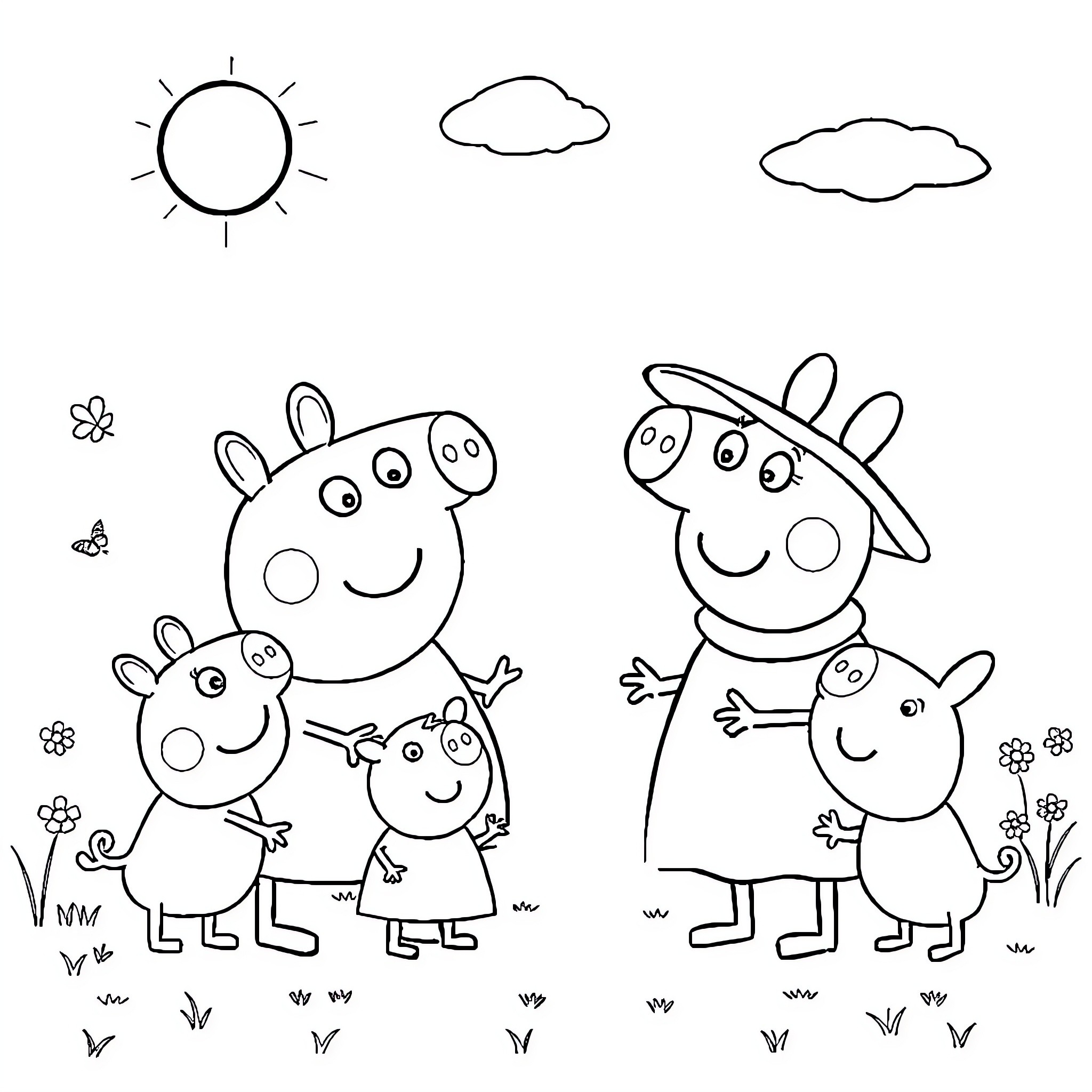 Peppa Pig family enjoying a sunny day Coloring Page (free black-and-white line drawing printable PDF for all, from beginners to advanced learners, including children, teens, adults, and seniors)
