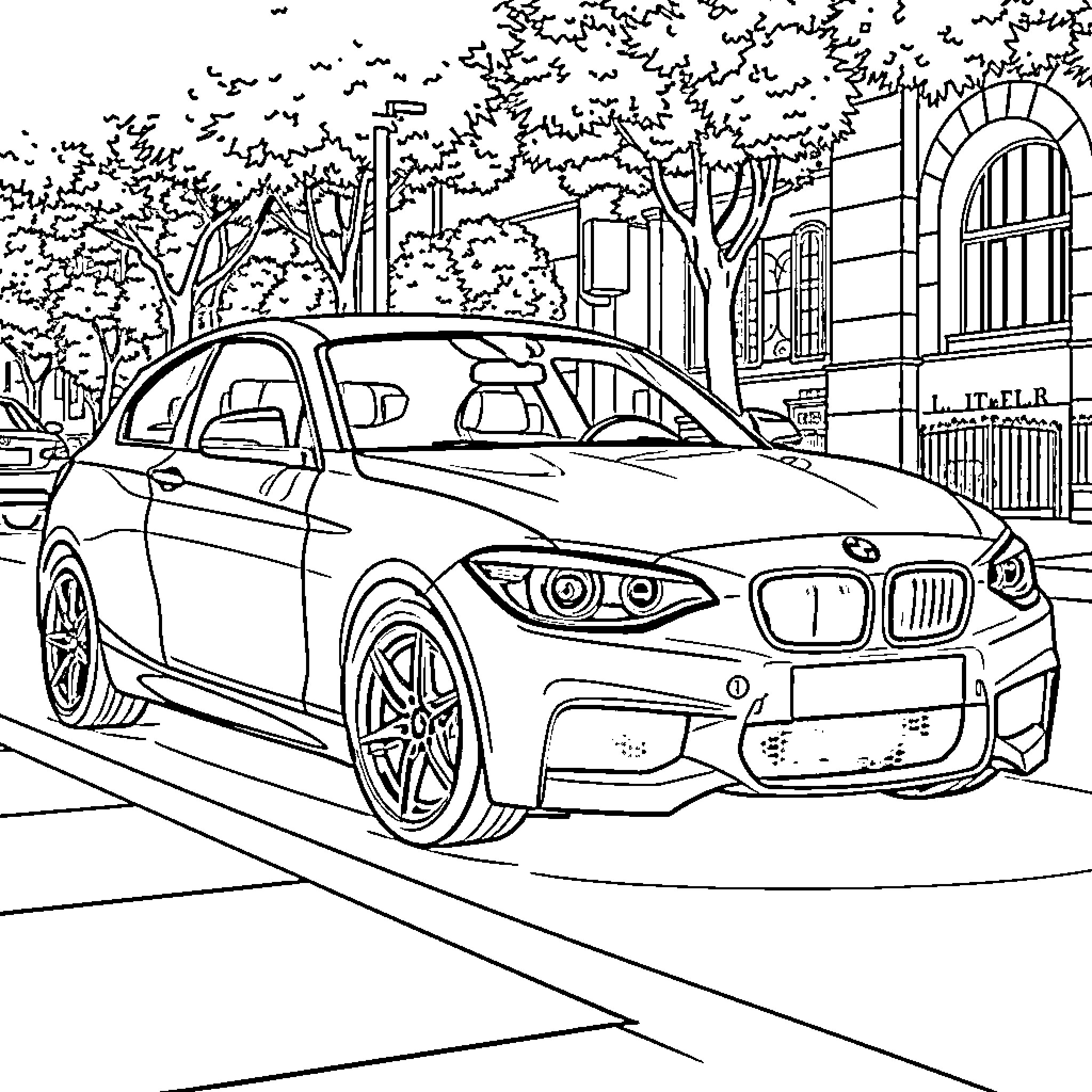 BMW sports car driving through urban setting Coloring Page (free black-and-white line drawing printable PDF for all, from beginners to advanced learners, including children, teens, adults, and seniors)
