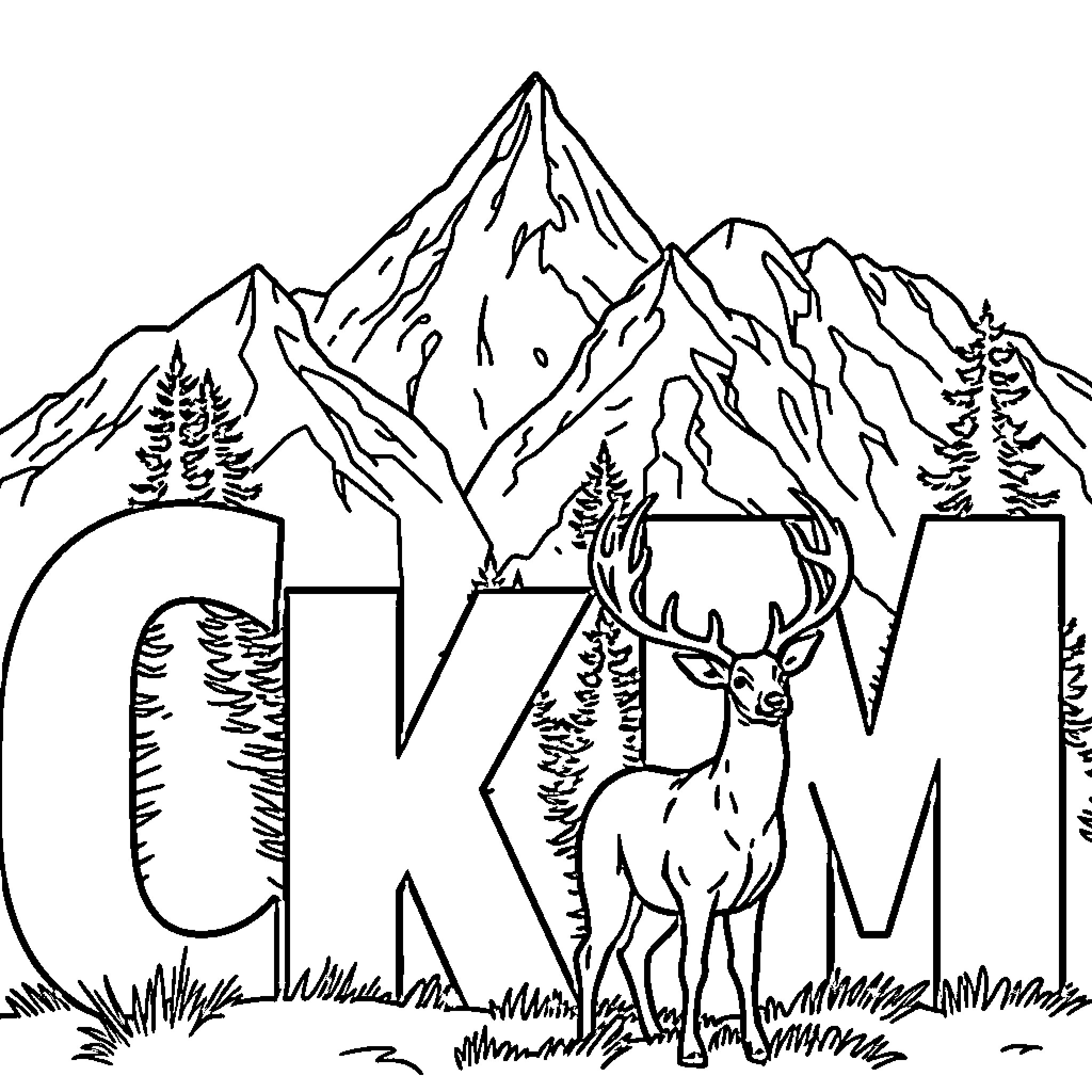 Letter Depicting Mountainous Landscape with Deer Coloring Page (free black-and-white line drawing printable PDF for all, from beginners to advanced learners, including children, teens, adults, and seniors)