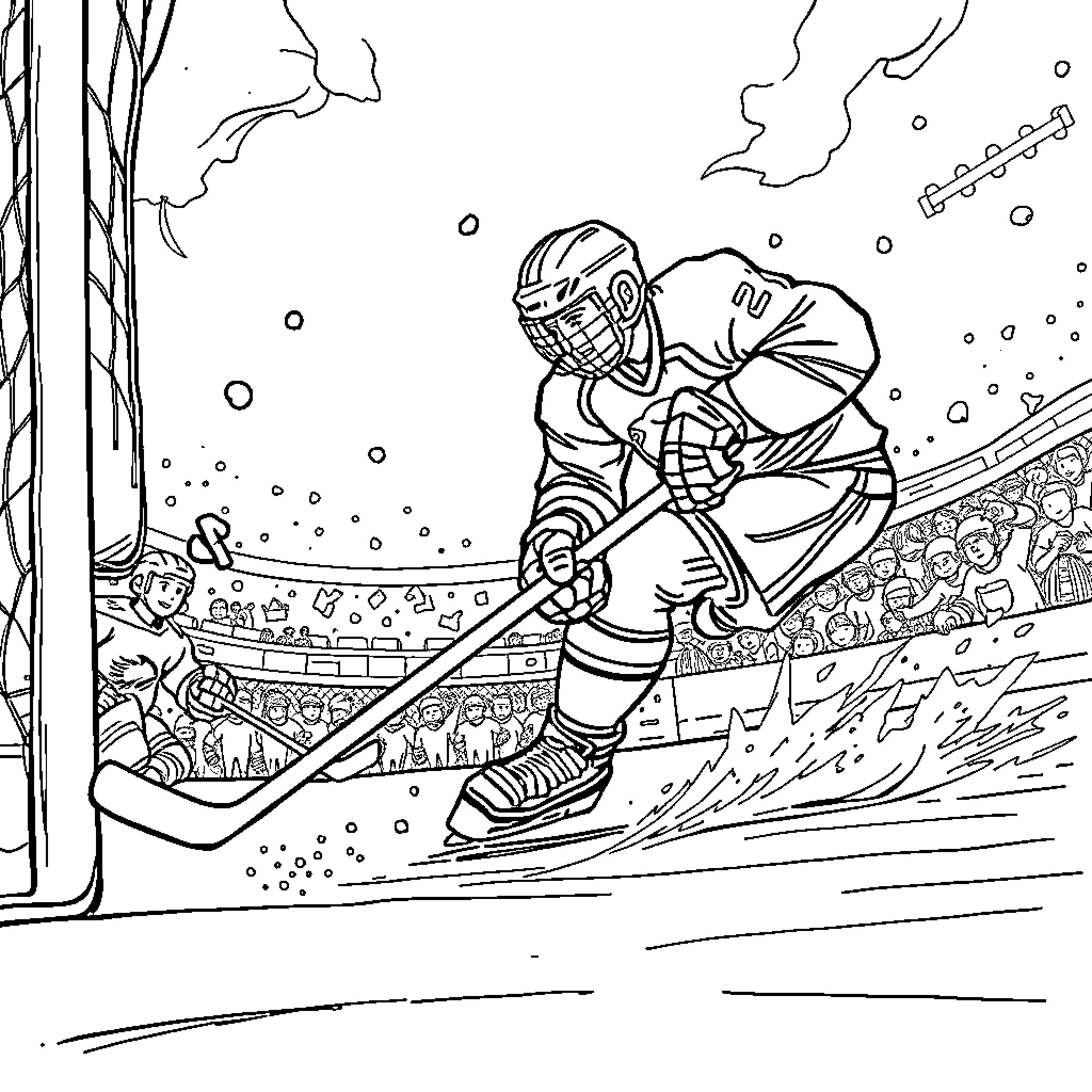 Hockey Player Skating on Ice Rink Coloring Page (free black-and-white line drawing printable PDF for all, from beginners to advanced learners, including children, teens, adults, and seniors)