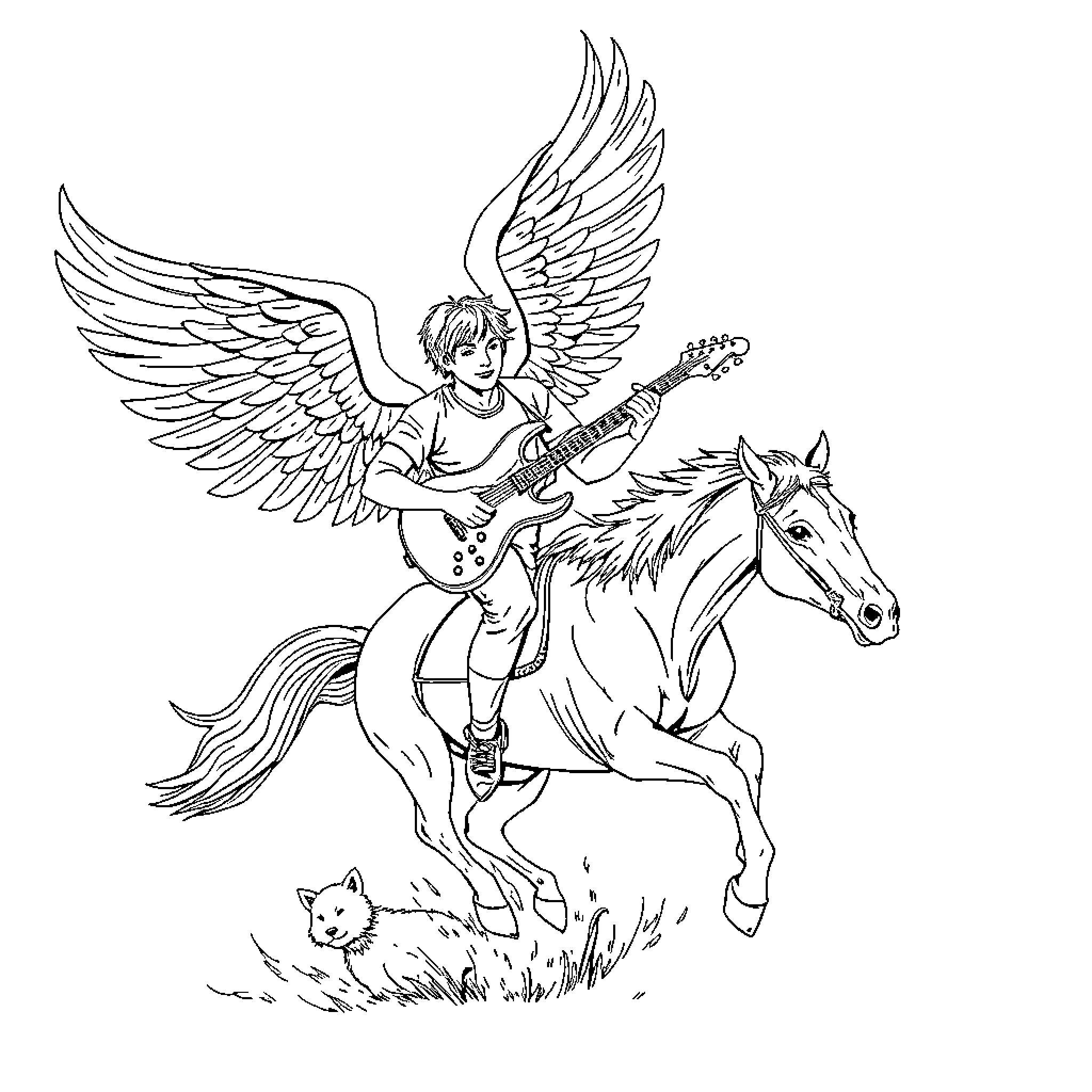 Guitarist with wings riding a horse Coloring Page (free black-and-white line drawing printable PDF for all, from beginners to advanced learners, including children, teens, adults, and seniors)