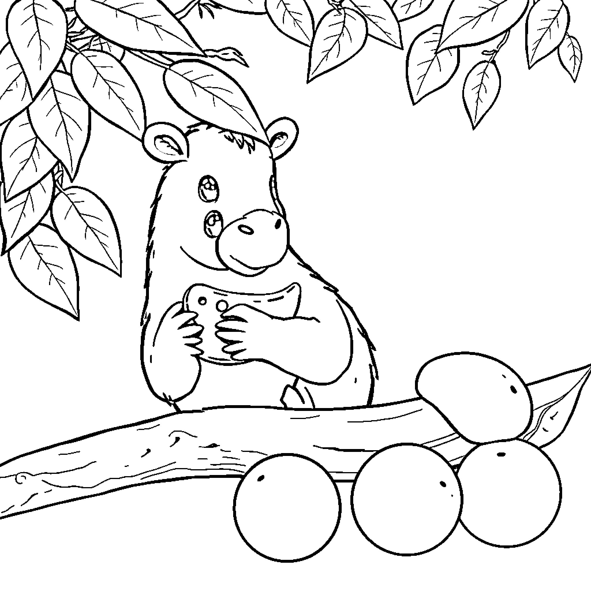 Monkey playing with baby animals in nature Coloring Page (free black-and-white line drawing printable PDF for all, from beginners to advanced learners, including children, teens, adults, and seniors)