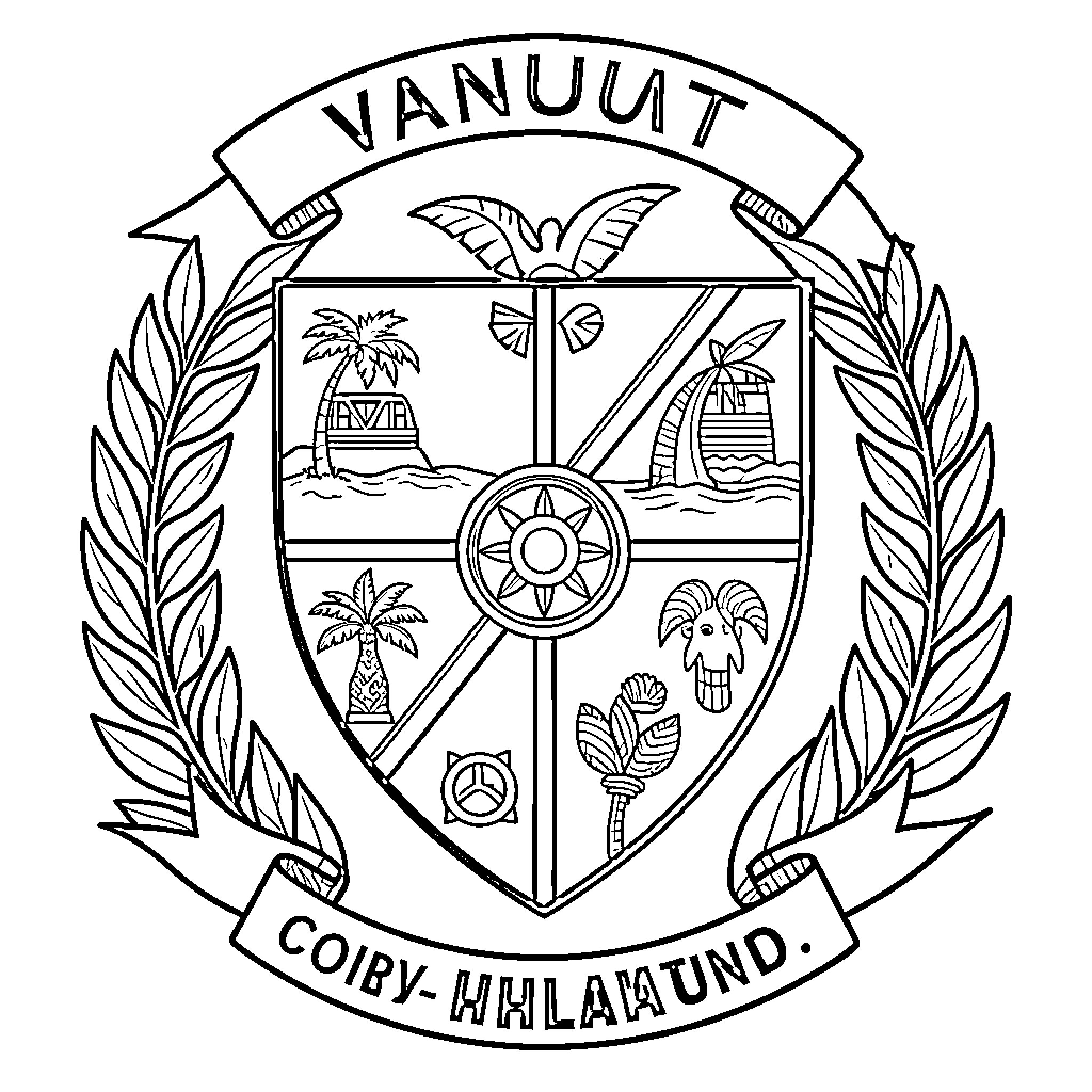 Coat of Arm featuring various symbols and natural elements Coloring Page (free black-and-white line drawing printable PDF for all, from beginners to advanced learners, including children, teens, adults, and seniors)