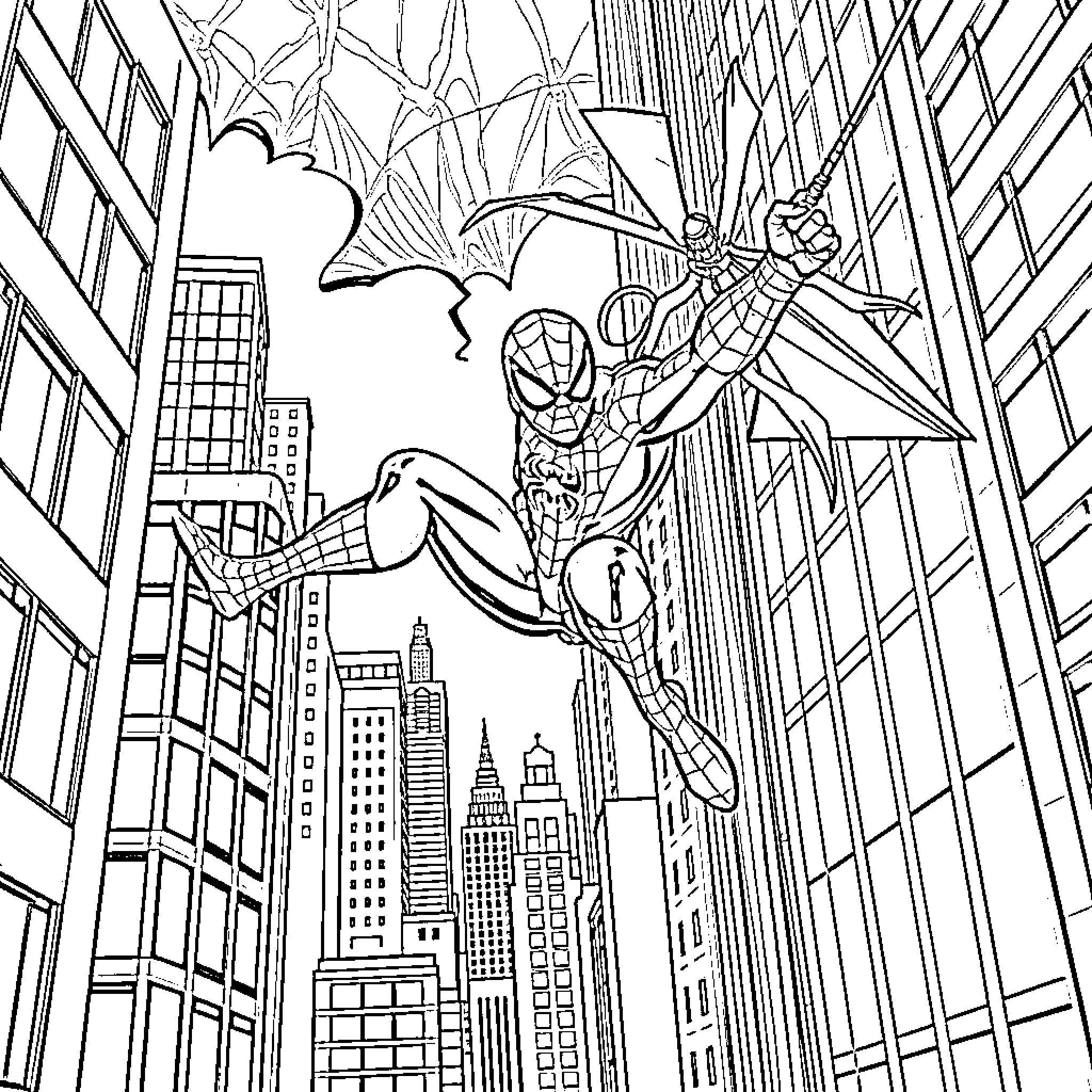 Spidey swinging through the city skyline Coloring Page (free black-and-white line drawing printable PDF for all, from beginners to advanced learners, including children, teens, adults, and seniors)