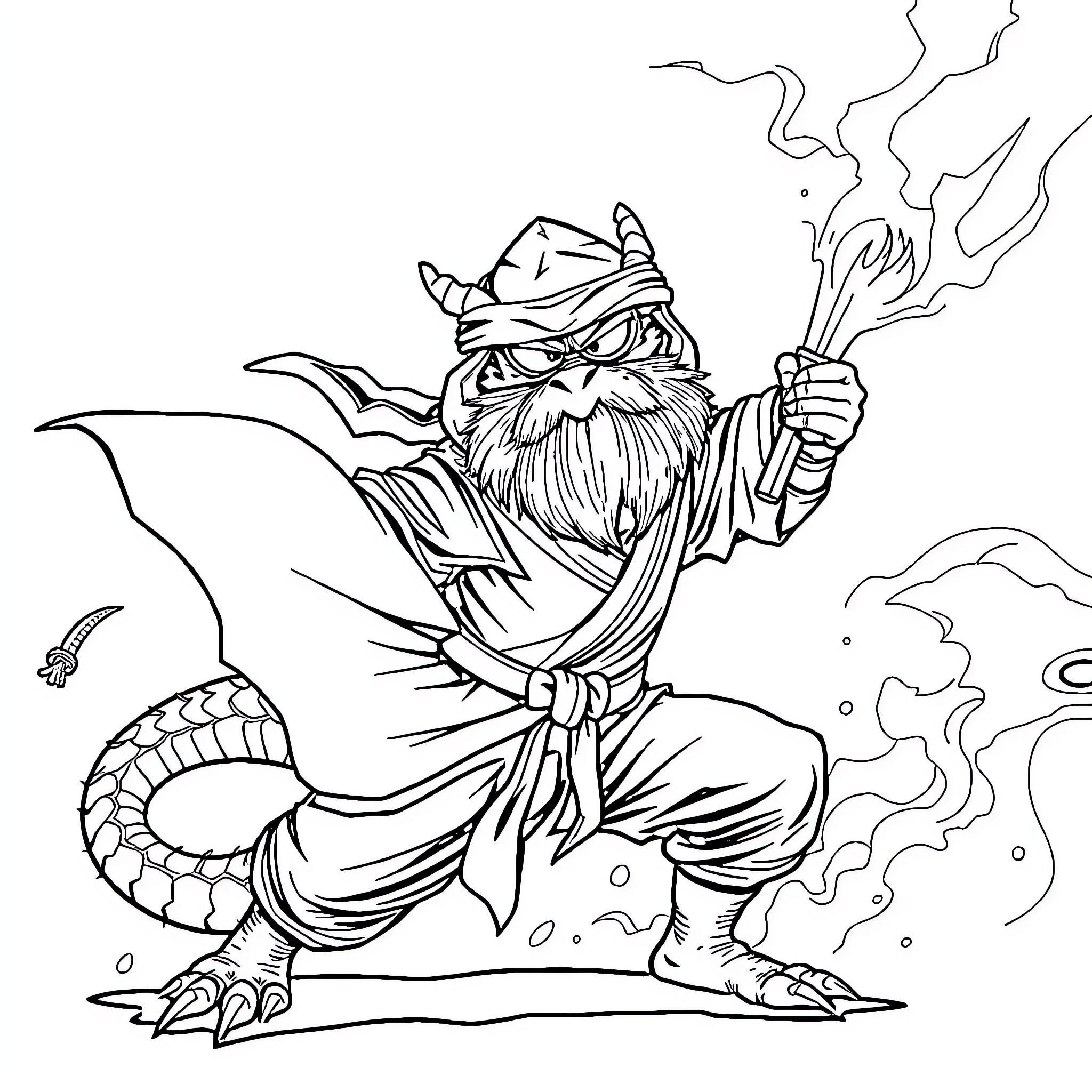 Bearded Dragon Wizard Casting Spells Coloring Page (free black-and-white line drawing printable PDF for all, from beginners to advanced learners, including children, teens, adults, and seniors)