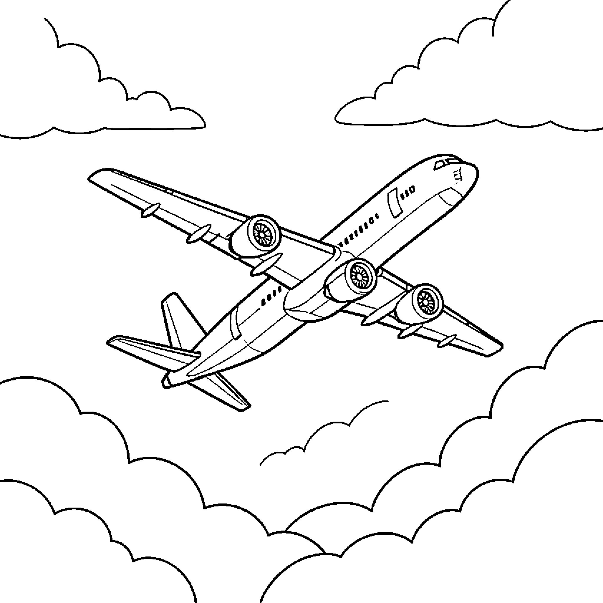 Airplane flying through the clouds in the sky Coloring Page (free black-and-white line drawing printable PDF for all, from beginners to advanced learners, including children, teens, adults, and seniors)