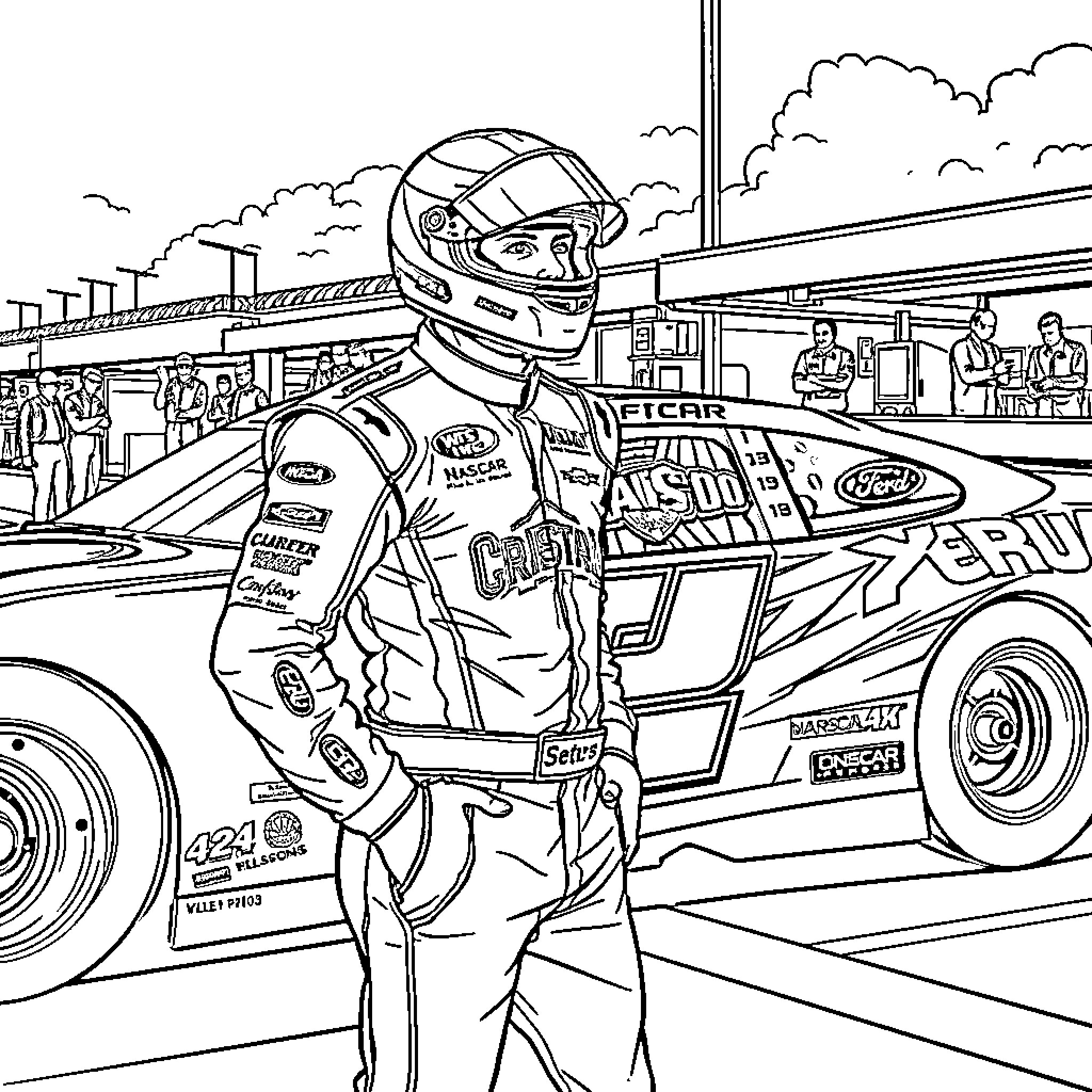 Kyle Busch stands proudly next to his race car Coloring Page (free black-and-white line drawing printable PDF for all, from beginners to advanced learners, including children, teens, adults, and seniors)