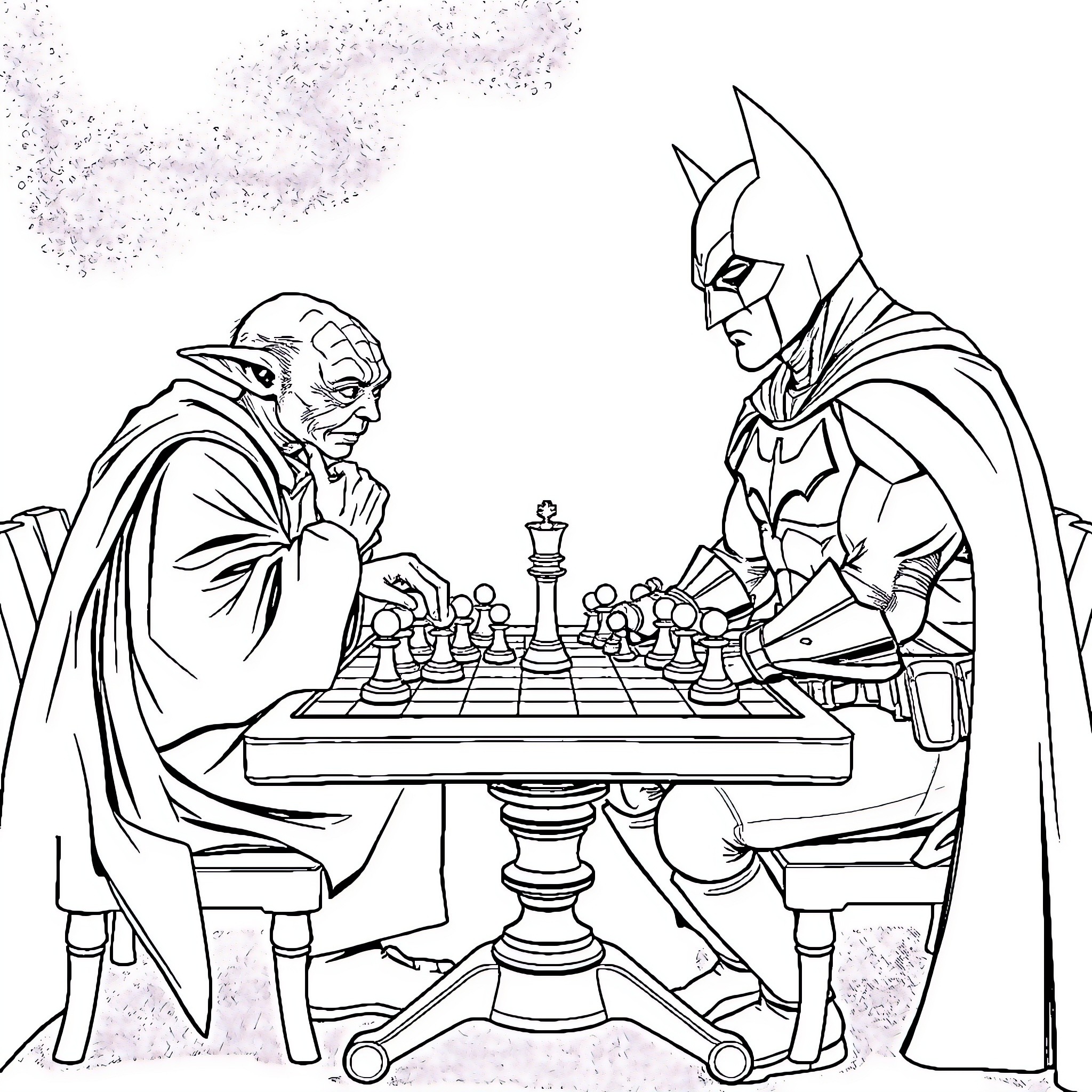 Yoda playing chess with Batman Coloring Page (free black-and-white line drawing printable PDF for all, from beginners to advanced learners, including children, teens, adults, and seniors)
