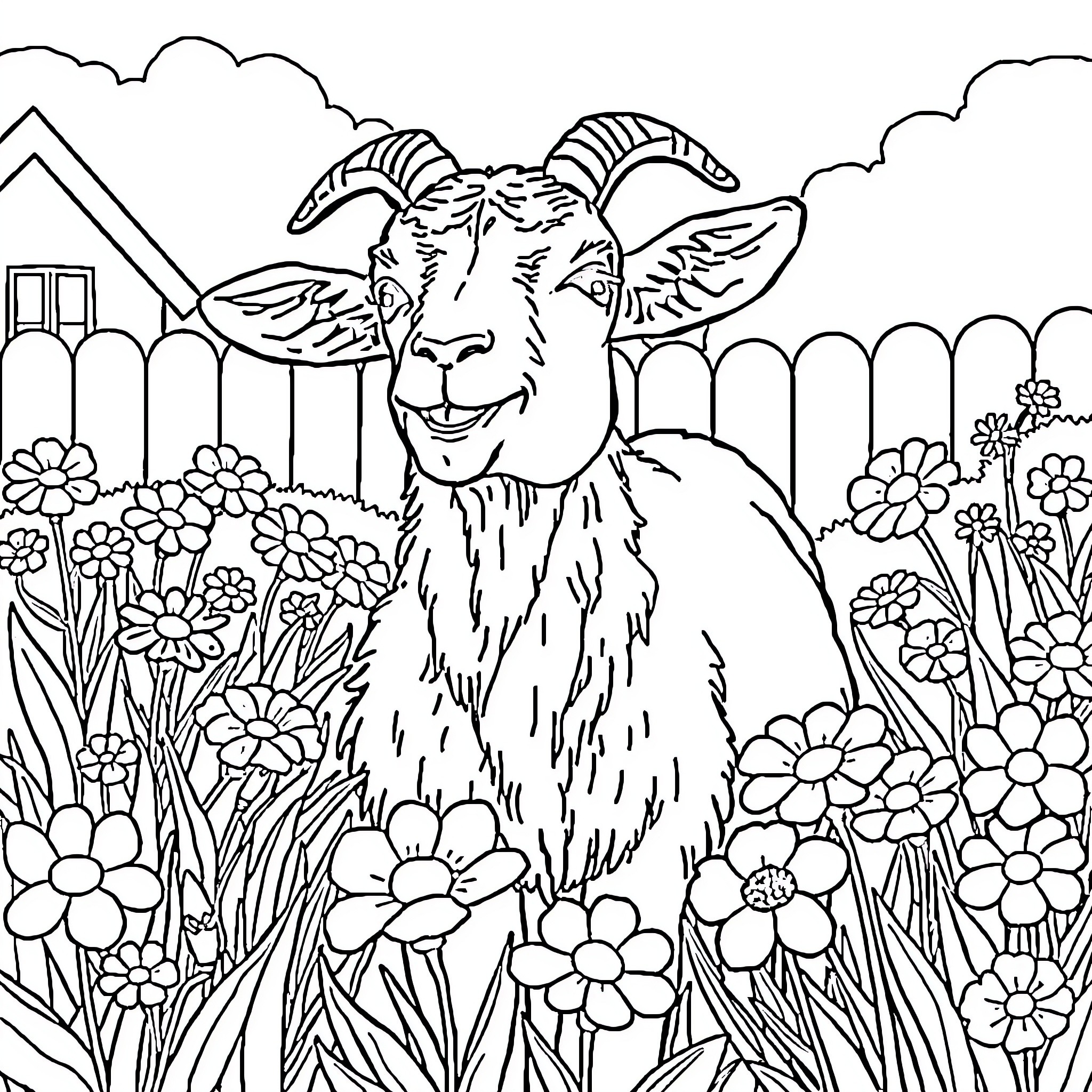 Goat enjoying a floral garden Coloring Page (free black-and-white line drawing printable PDF for all, from beginners to advanced learners, including children, teens, adults, and seniors)