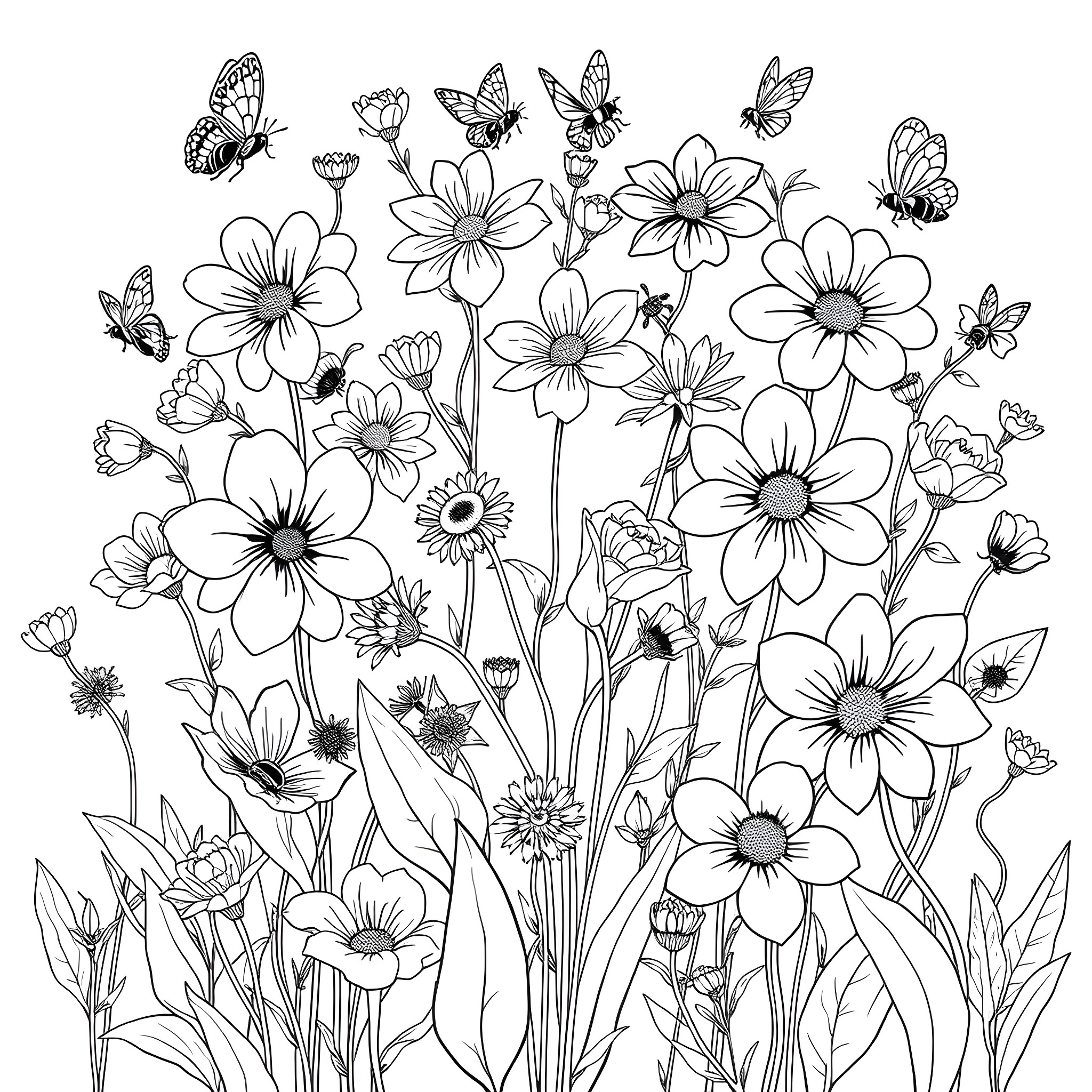 Flower garden with butterflies in bloom Coloring Page (free black-and-white line drawing printable PDF for all, from beginners to advanced learners, including children, teens, adults, and seniors)