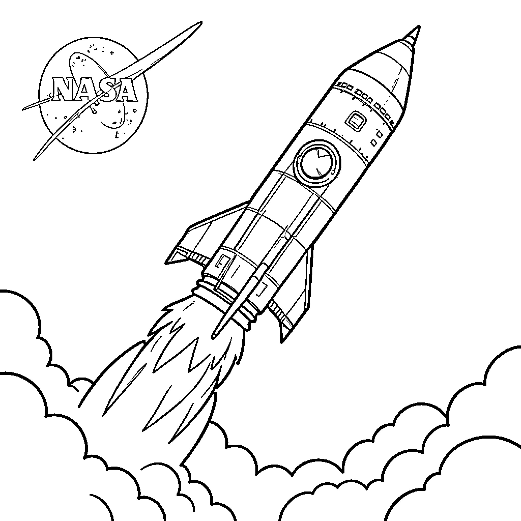 Space Shuttle launching into the sky amidst clouds Coloring Page (free black-and-white line drawing printable PDF for all, from beginners to advanced learners, including children, teens, adults, and seniors)