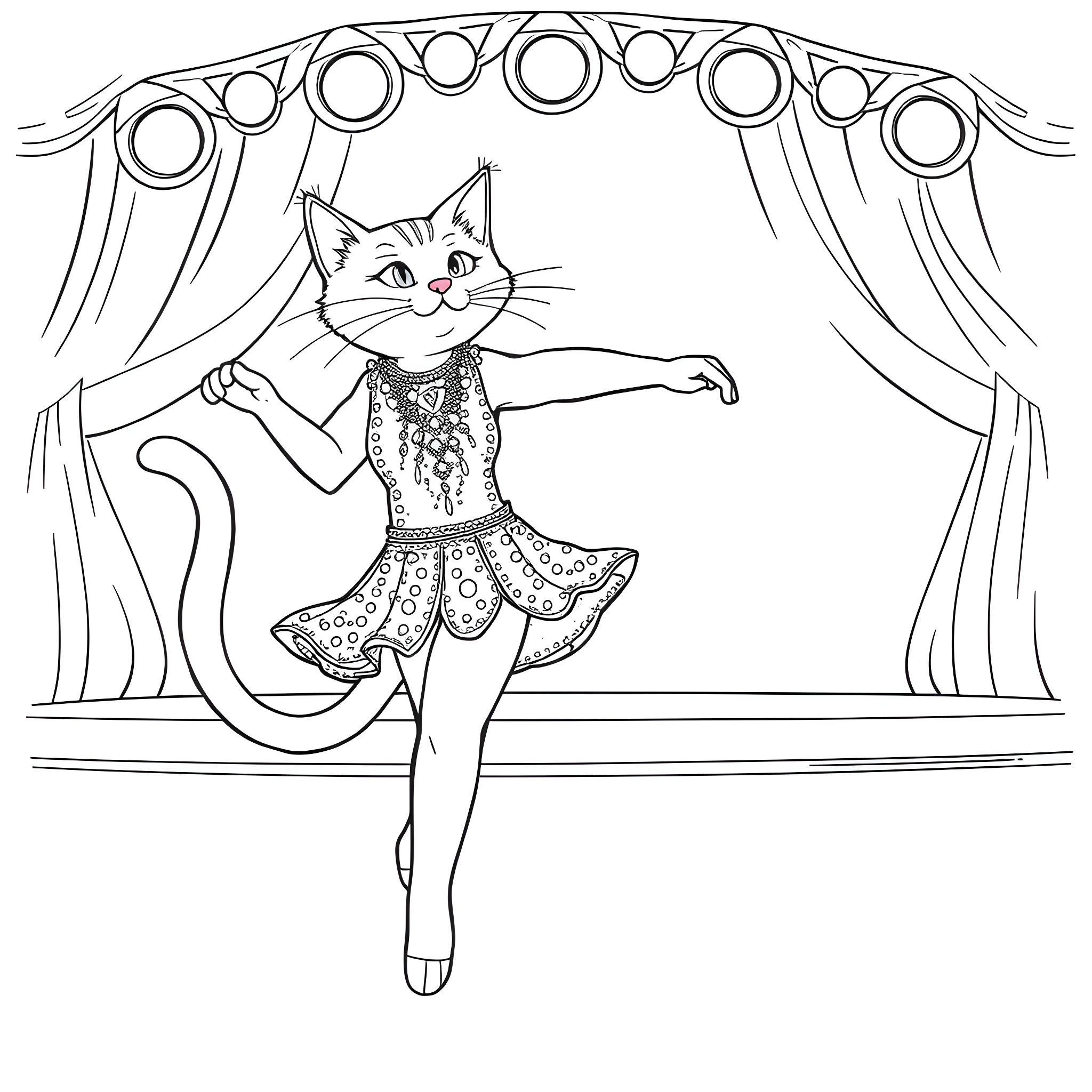 Cat ballerina dancing on stage Coloring Page (free black-and-white line drawing printable PDF for all, from beginners to advanced learners, including children, teens, adults, and seniors)