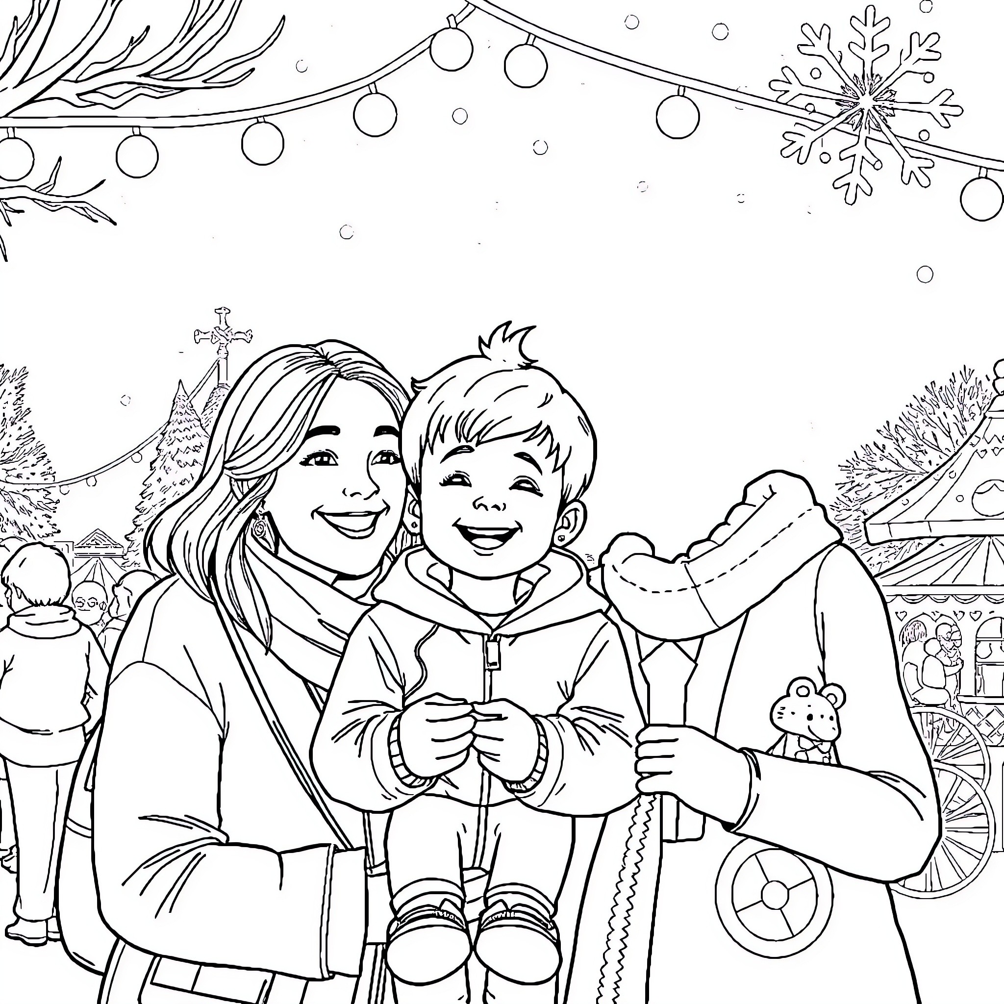 Couple enjoying winter wonderland together Coloring Page (free black-and-white line drawing printable PDF for all, from beginners to advanced learners, including children, teens, adults, and seniors)