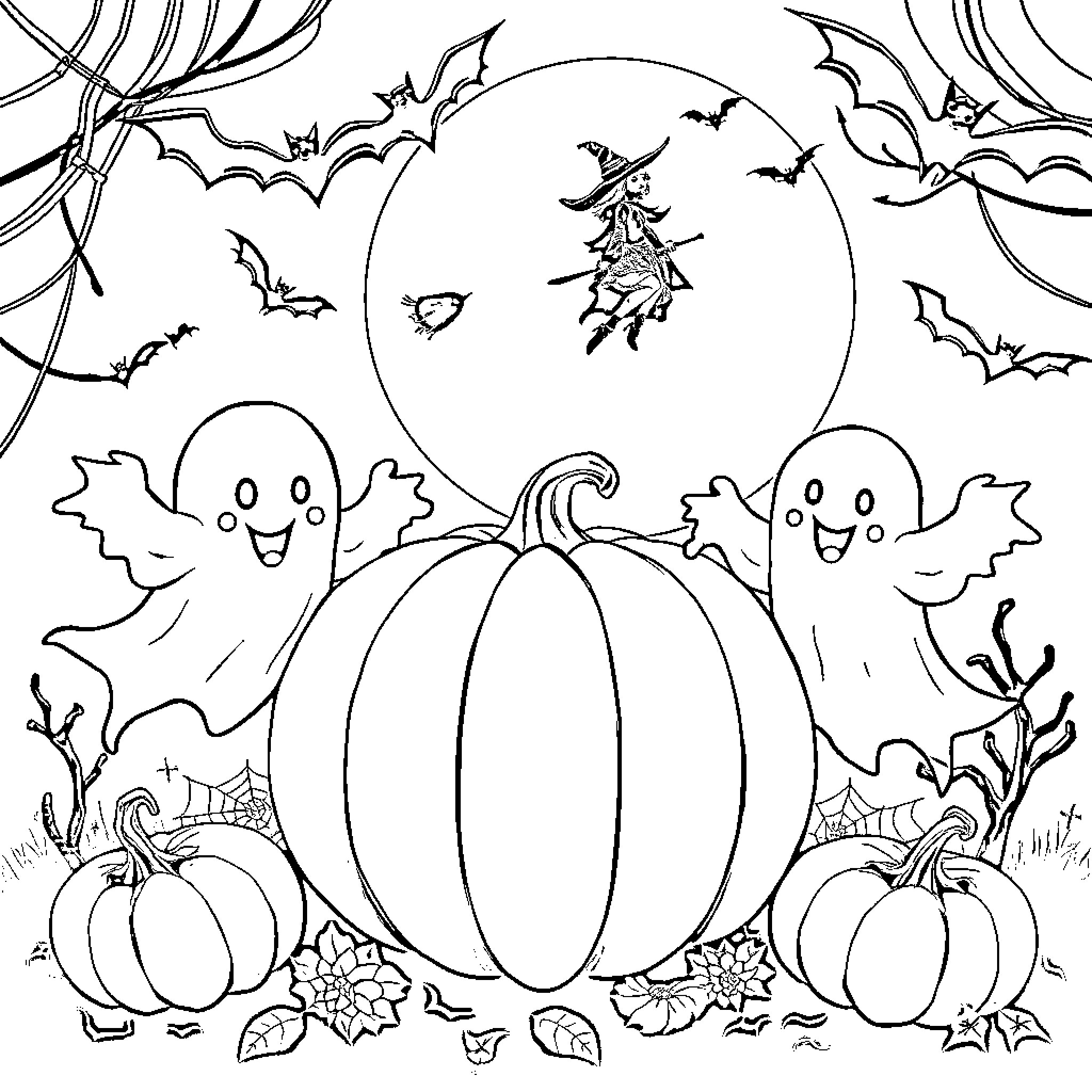 Ghost Halloween Scene with Pumpkins and Bats Coloring Page (free black-and-white line drawing printable PDF for all, from beginners to advanced learners, including children, teens, adults, and seniors)