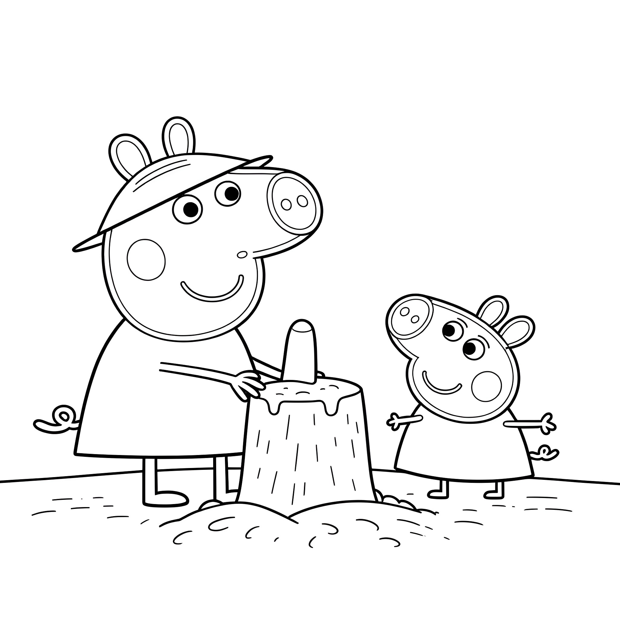 Peppa Pig and her brother George playing in the mud Coloring Page (free black-and-white line drawing printable PDF for all, from beginners to advanced learners, including children, teens, adults, and seniors)