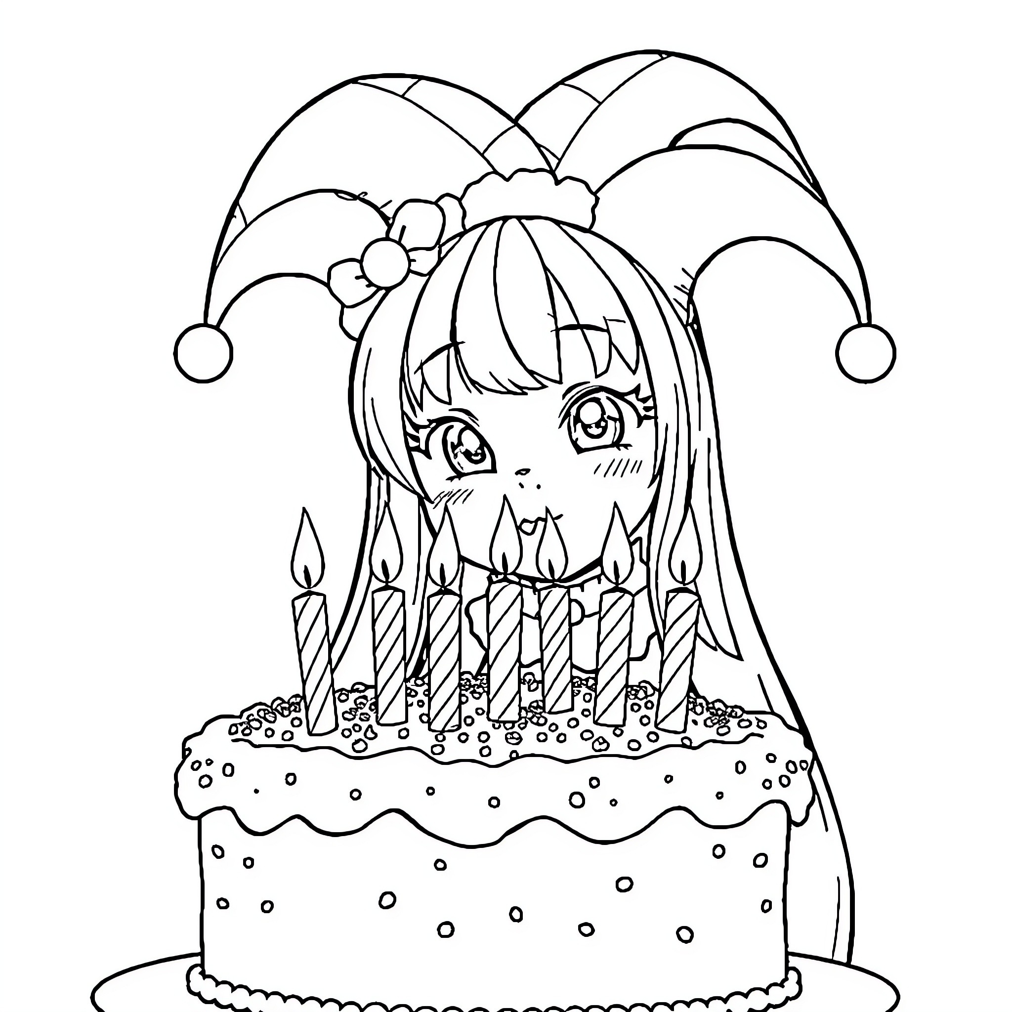 Kuromi celebrating birthday with a cake Coloring Page (free black-and-white line drawing printable PDF for all, from beginners to advanced learners, including children, teens, adults, and seniors)