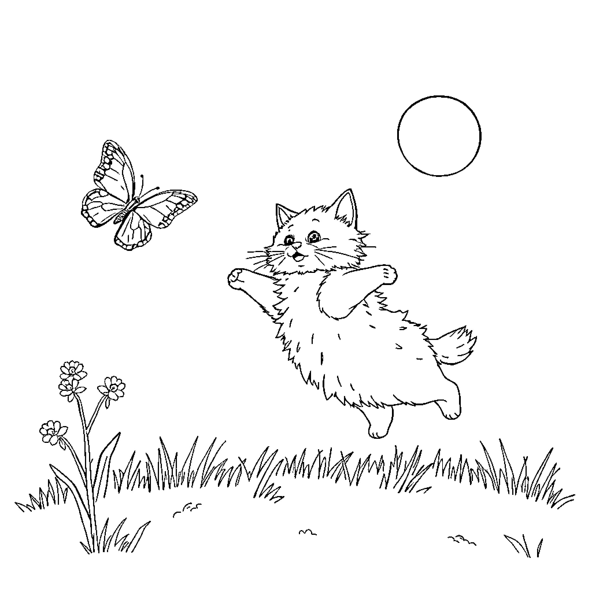 Cat chasing butterflies in a grassy meadow Coloring Page (free black-and-white line drawing printable PDF for all, from beginners to advanced learners, including children, teens, adults, and seniors)