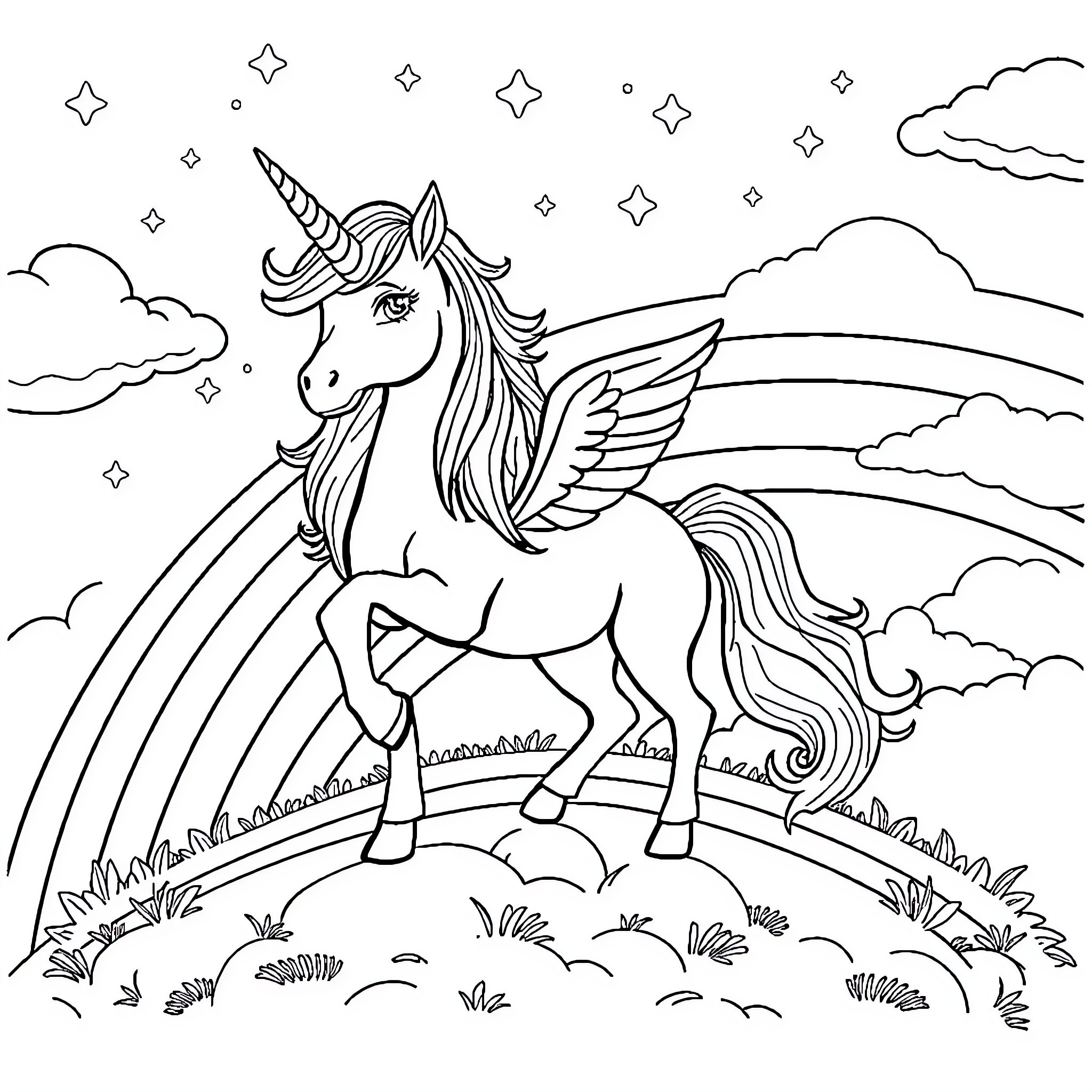 Unicorn flying gracefully through starry skies Coloring Page (free black-and-white line drawing printable PDF for all, from beginners to advanced learners, including children, teens, adults, and seniors)