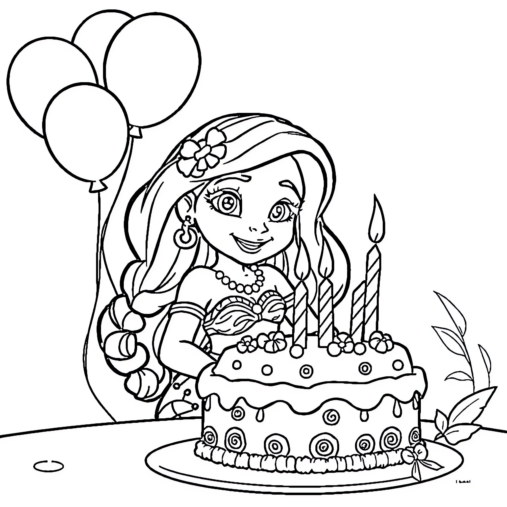 Vaiana celebrating her birthday with a cake and balloons Coloring Page (free black-and-white line drawing printable PDF for all, from beginners to advanced learners, including children, teens, adults, and seniors)