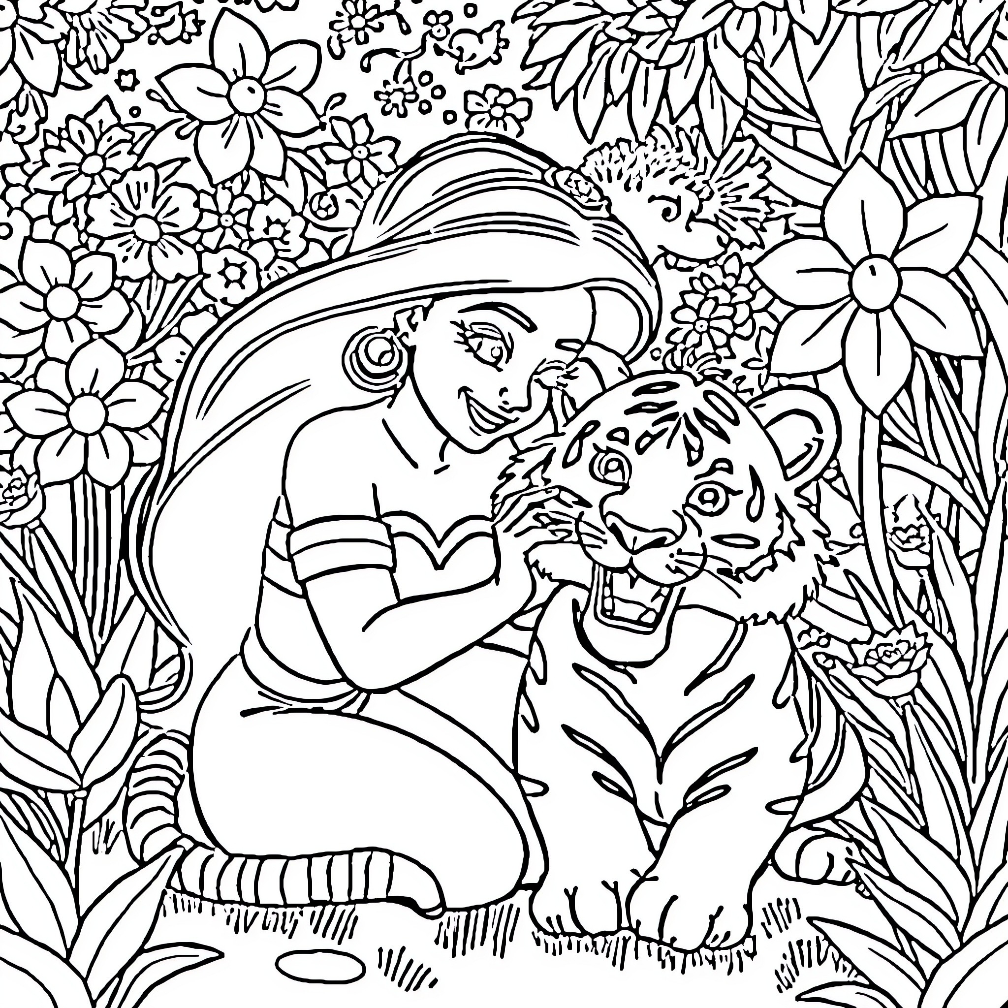Jasmine's magical encounter with a captivating tiger Coloring Page (free black-and-white line drawing printable PDF for all, from beginners to advanced learners, including children, teens, adults, and seniors)
