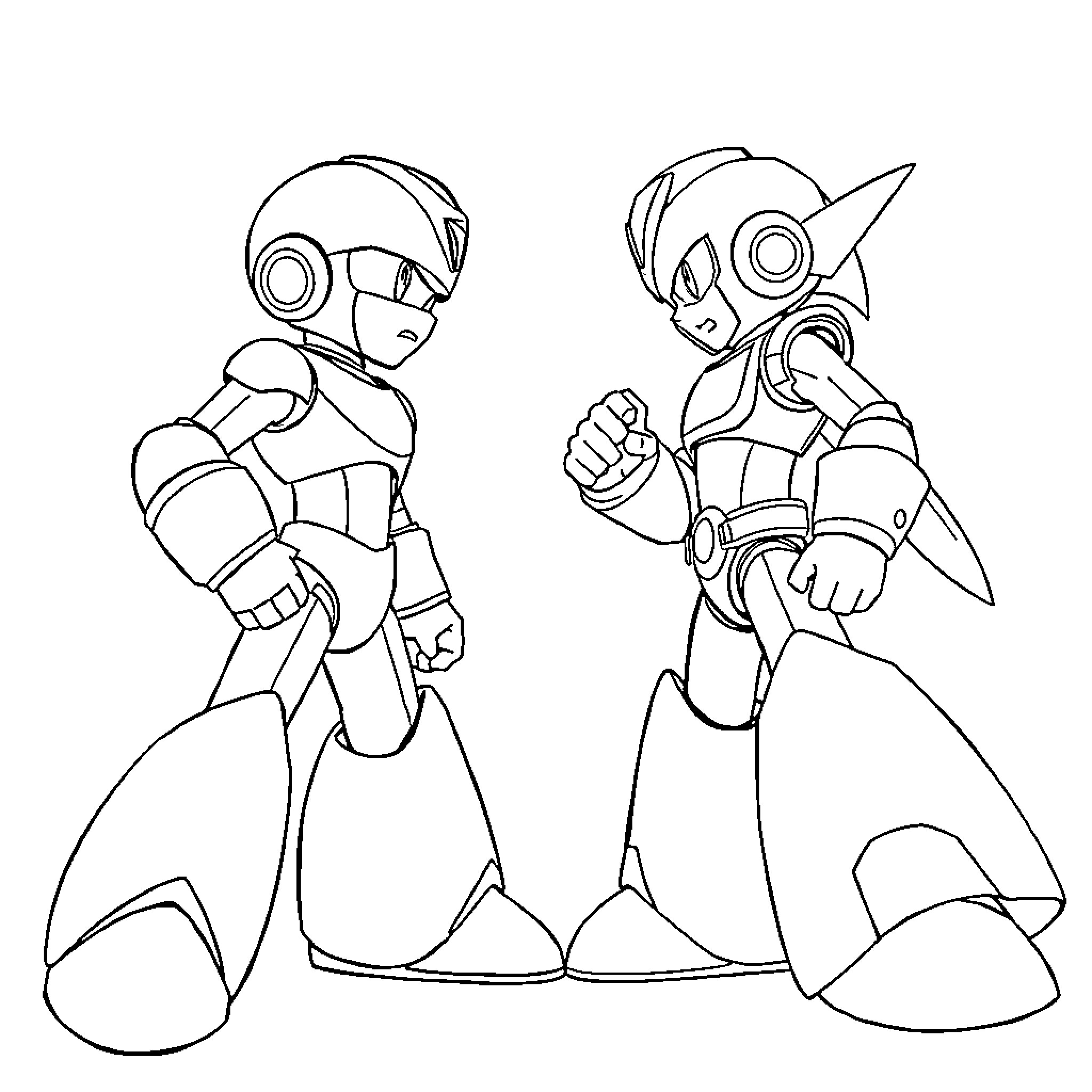 Megaman in combat poses Coloring Page (free black-and-white line drawing printable PDF for all, from beginners to advanced learners, including children, teens, adults, and seniors)