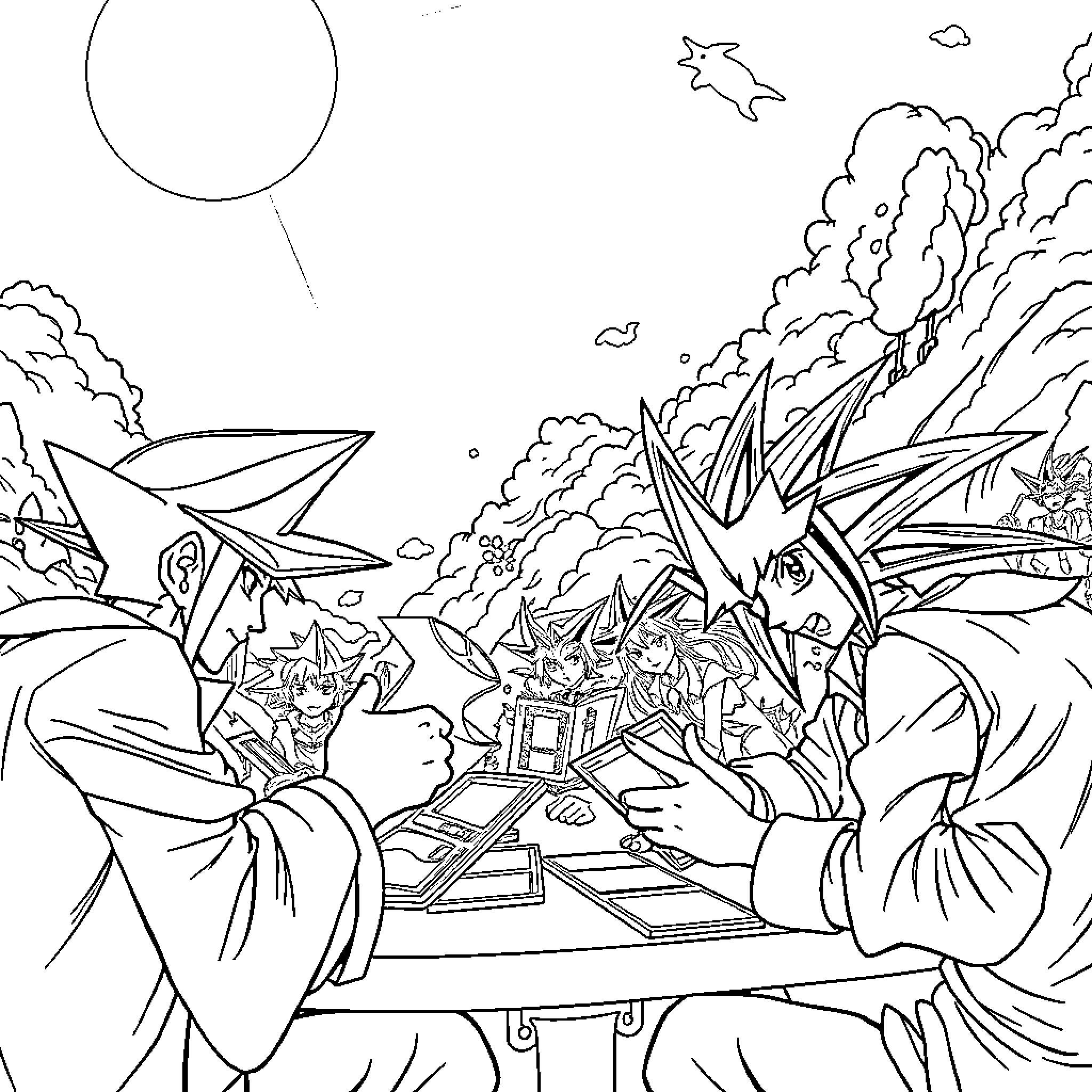 Yugioh characters in intense duel with cards and monsters Coloring Page (free black-and-white line drawing printable PDF for all, from beginners to advanced learners, including children, teens, adults, and seniors)