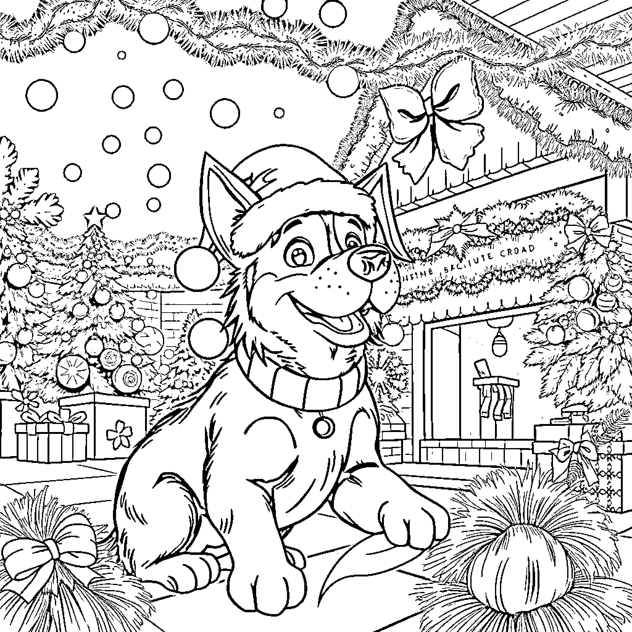 Chase the Joyful Pup in the Festive Garden Coloring Page (free black-and-white line drawing printable PDF for all, from beginners to advanced learners, including children, teens, adults, and seniors)