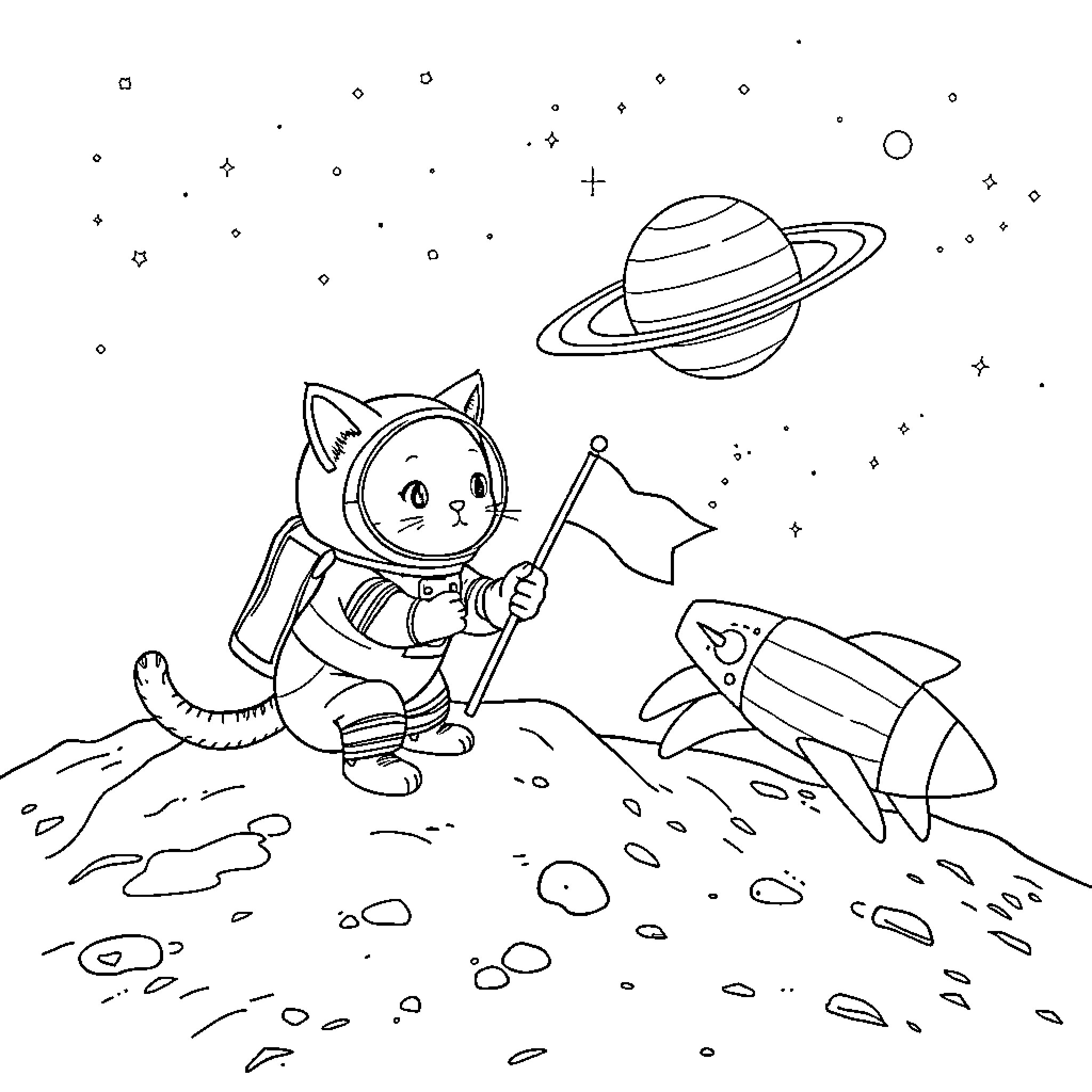 Astronaut Cat exploring the cosmos with a rocket Coloring Page (free black-and-white line drawing printable PDF for all, from beginners to advanced learners, including children, teens, adults, and seniors)