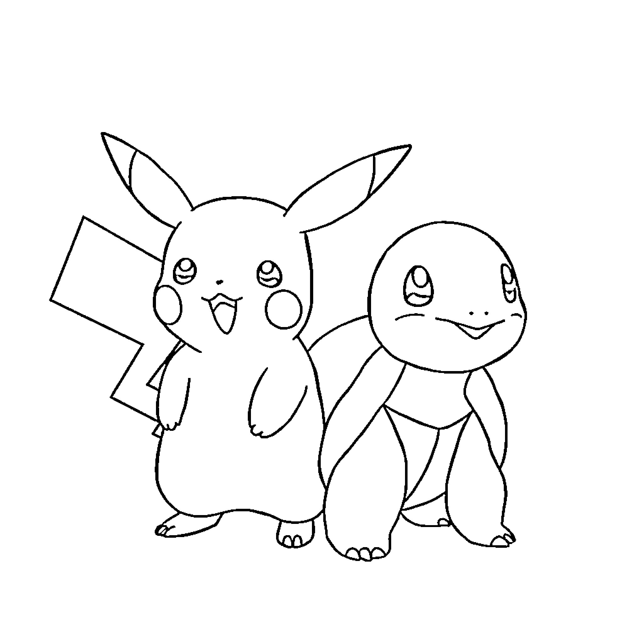 Pikachu and Charmander posing together Coloring Page (free black-and-white line drawing printable PDF for all, from beginners to advanced learners, including children, teens, adults, and seniors)