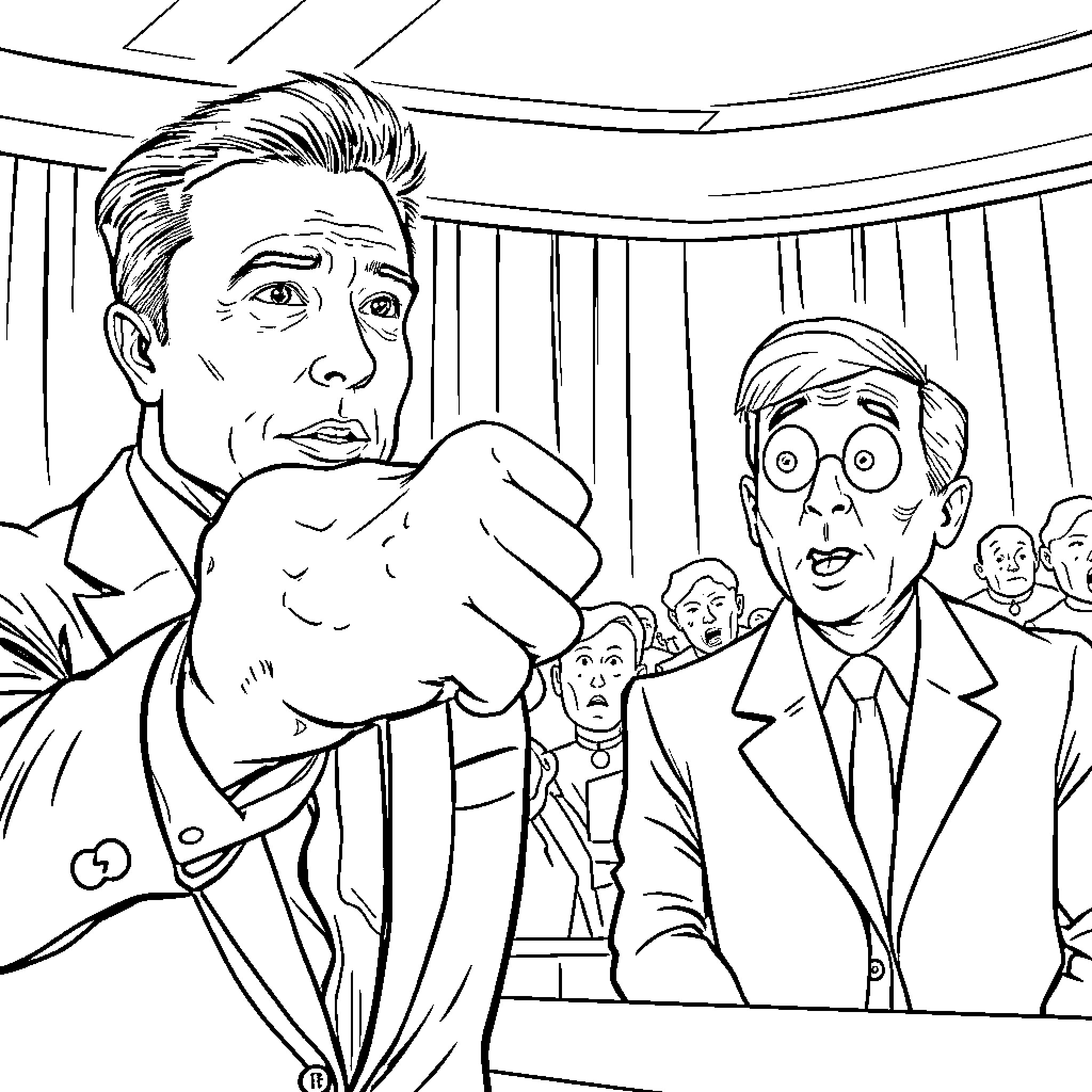 Elon Musk gestures while addressing an audience Coloring Page (free black-and-white line drawing printable PDF for all, from beginners to advanced learners, including children, teens, adults, and seniors)