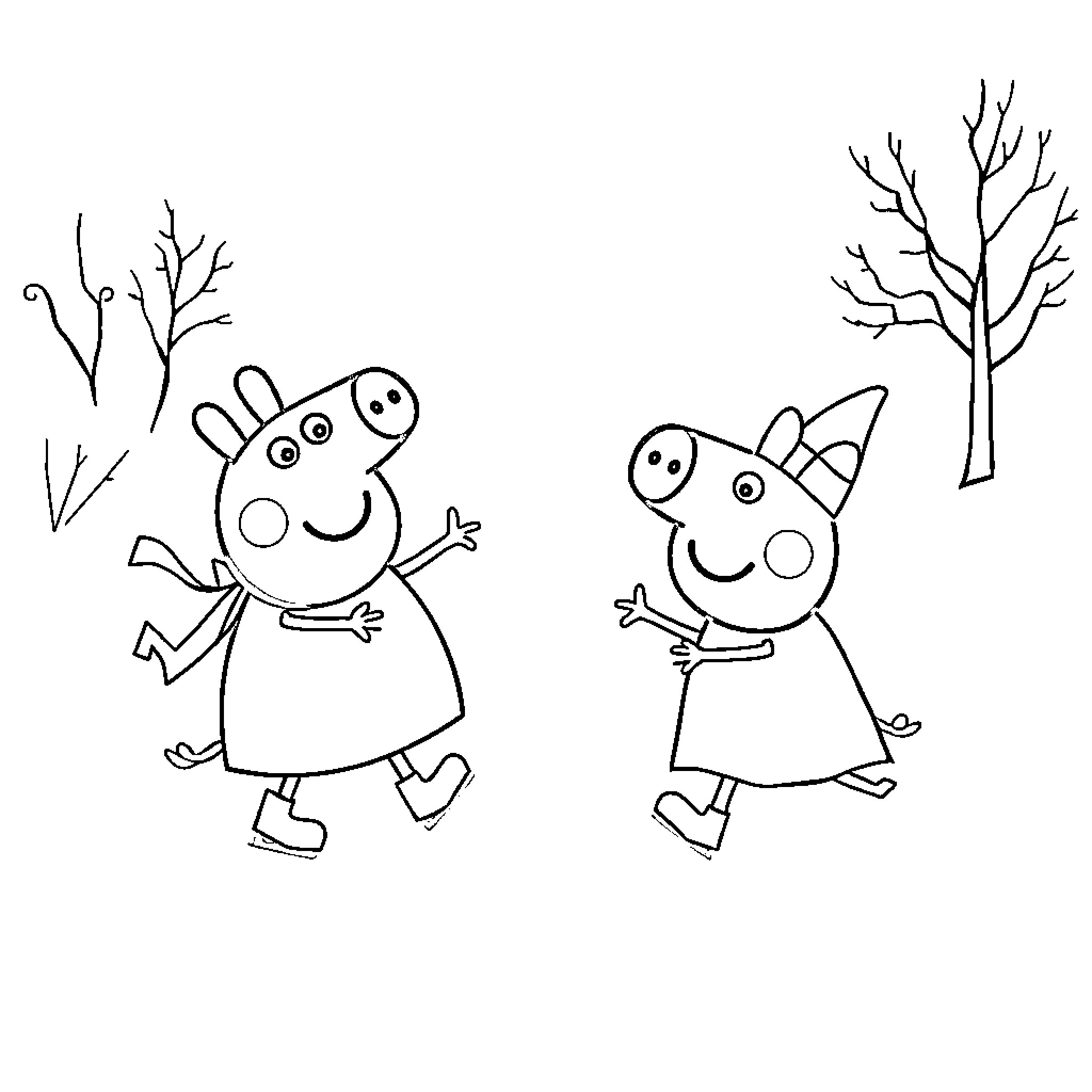 Peppa Pig and Friends Enjoying Outdoor Adventure Coloring Page (free black-and-white line drawing printable PDF for all, from beginners to advanced learners, including children, teens, adults, and seniors)