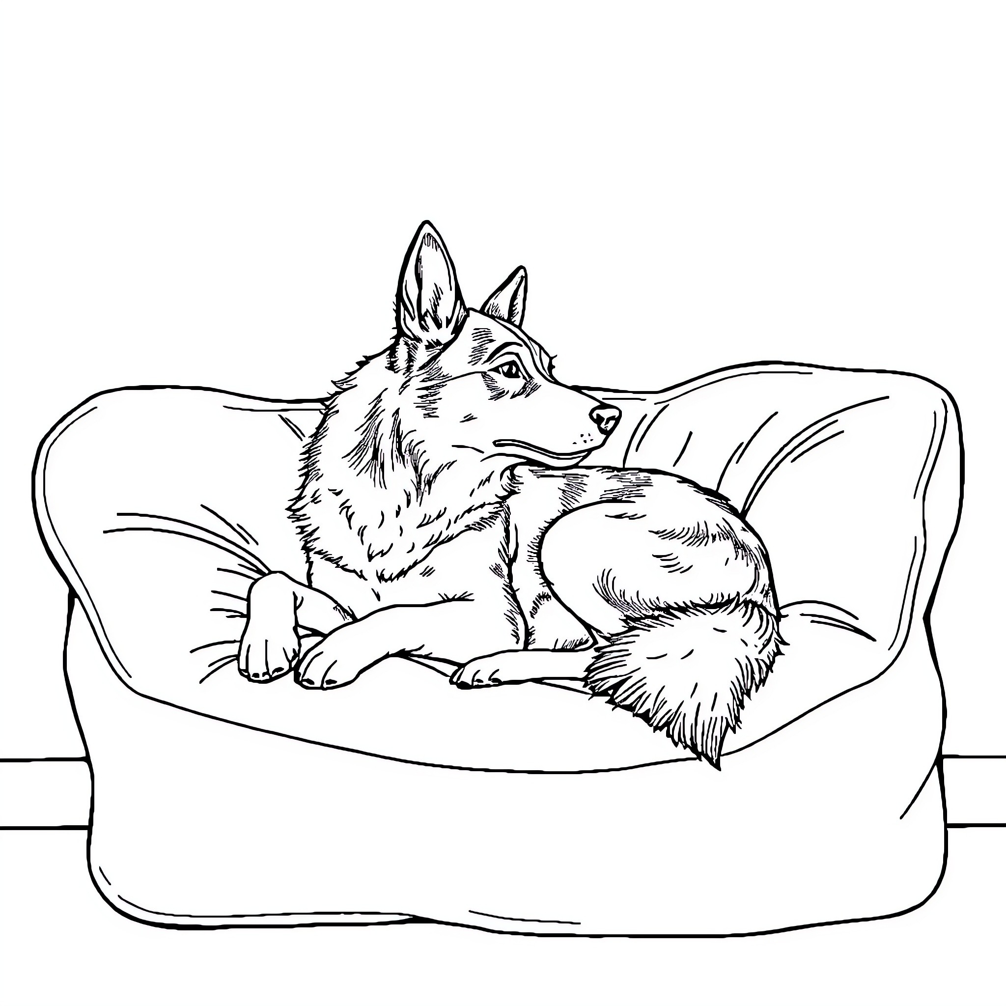 Czechoslovakian Wolfdog relaxing on a cozy bed Coloring Page (free black-and-white line drawing printable PDF for all, from beginners to advanced learners, including children, teens, adults, and seniors)