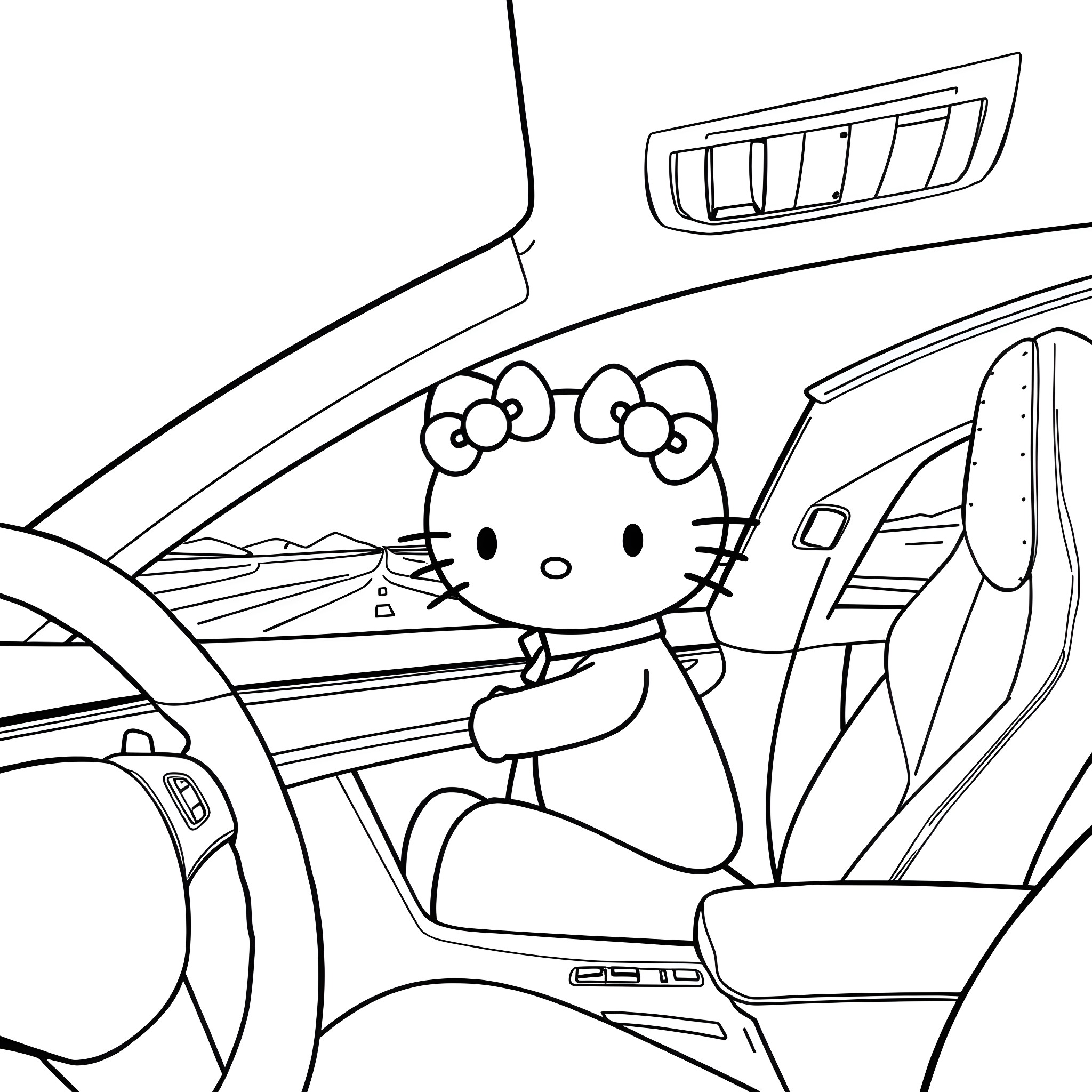Hello Kitty riding in a car Coloring Page (free black-and-white line drawing printable PDF for all, from beginners to advanced learners, including children, teens, adults, and seniors)